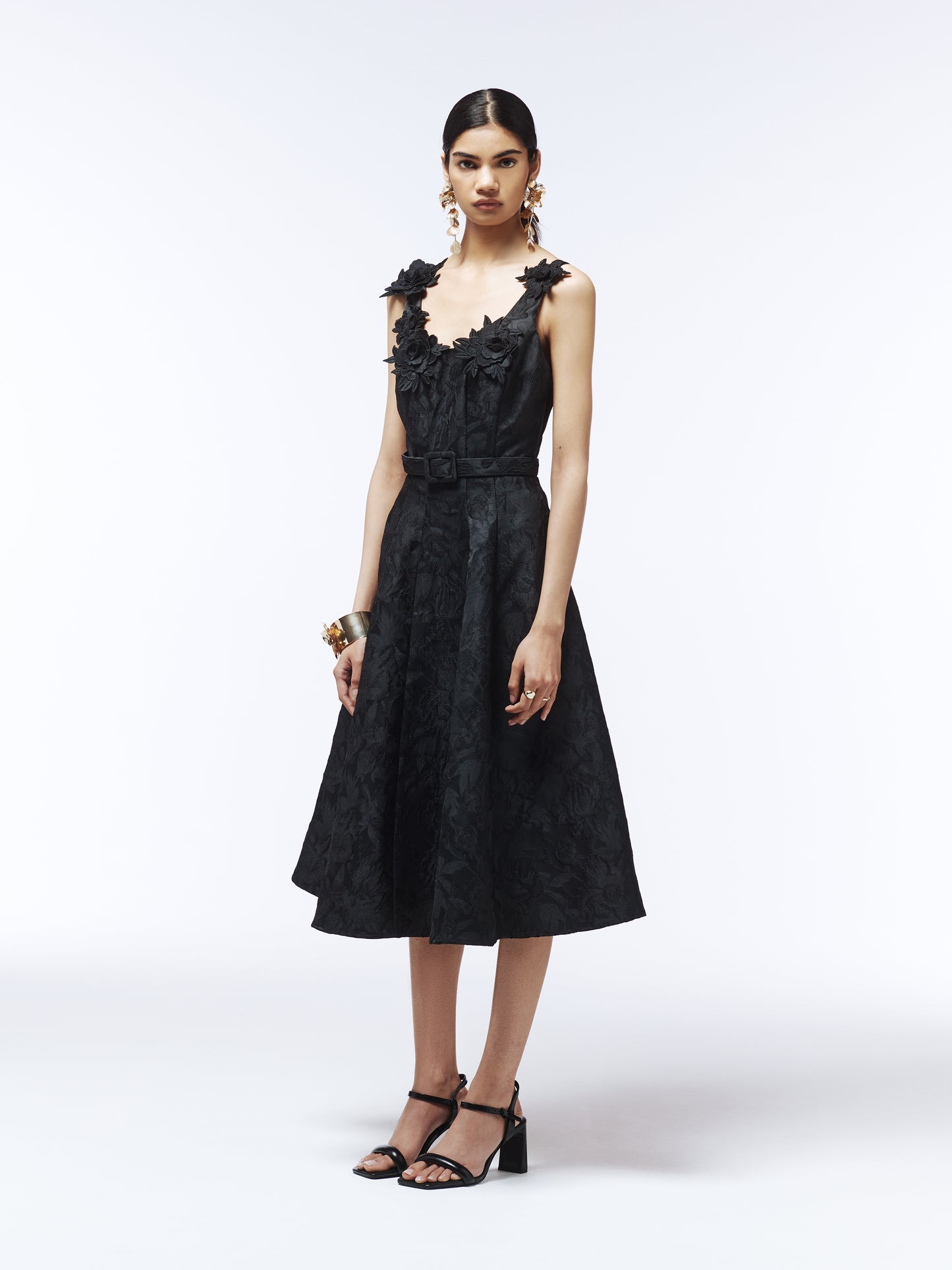 SOUR FIGS black midi dress featuring 3D flower appliqué straps and flared skirt – cocktail outfit