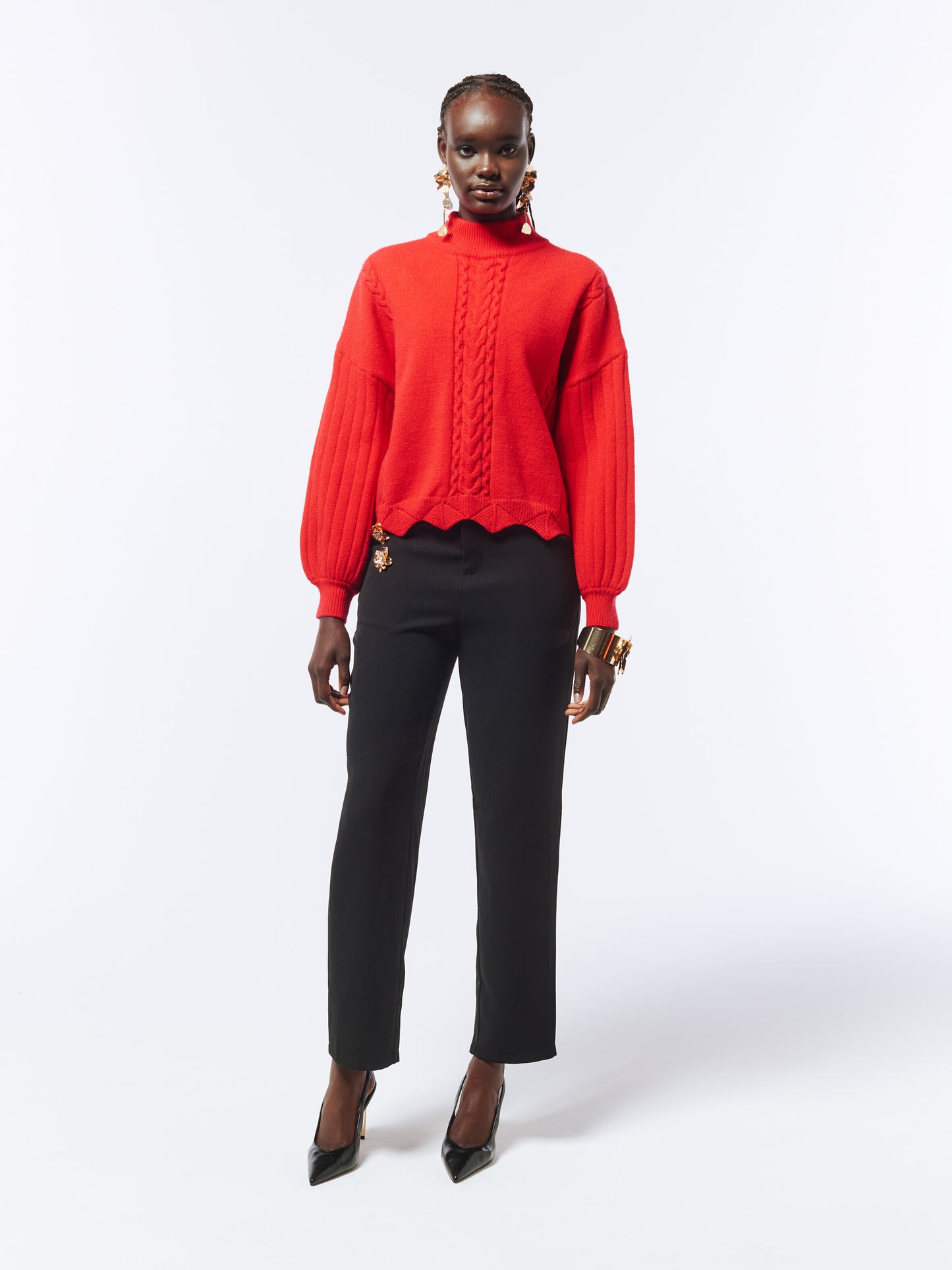 Batwing Sleeves Scallop Edge Knit Jumper II in Lust Red