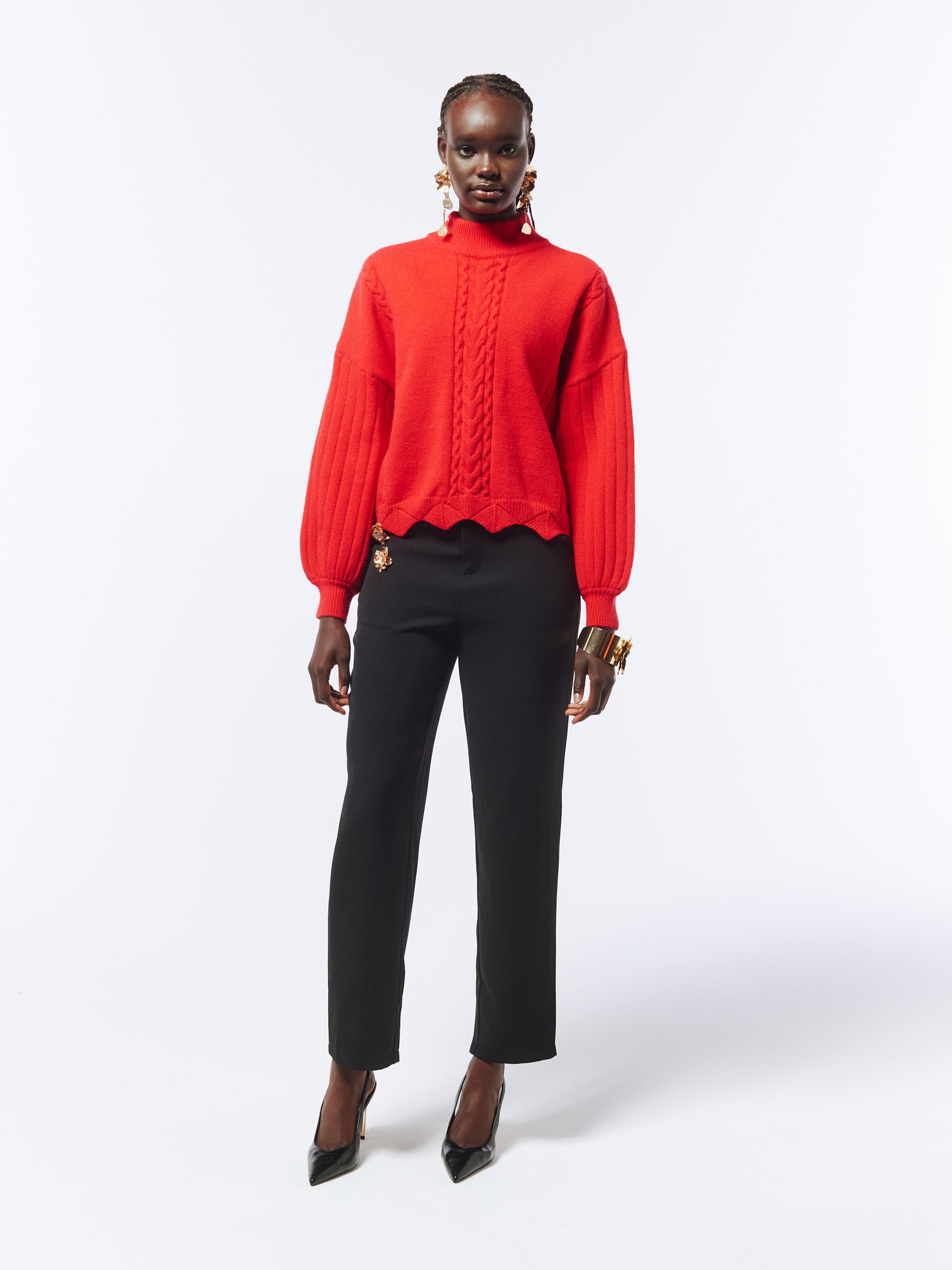 Batwing Sleeves Scallop Edge Knit Jumper II in Lust Red