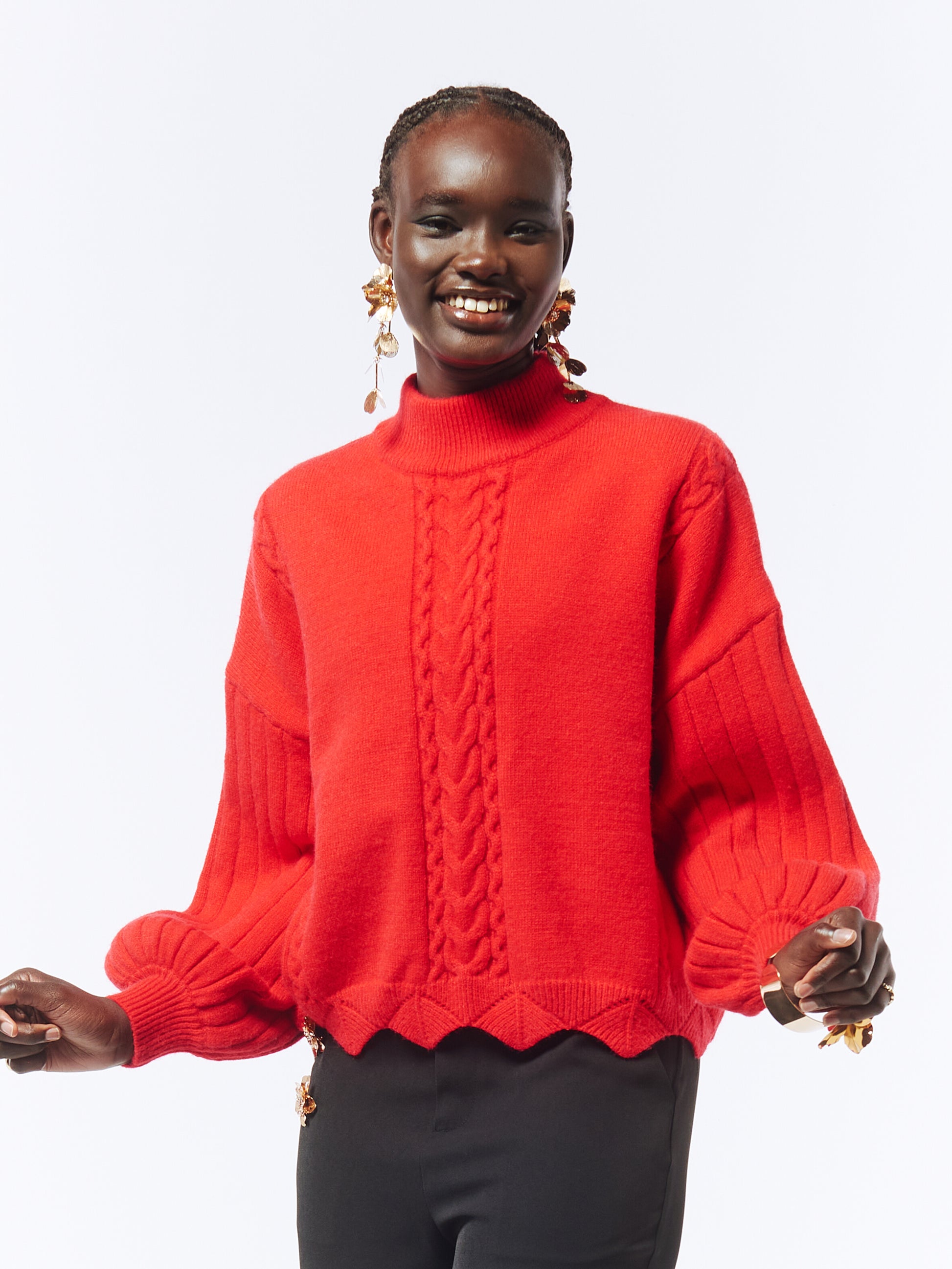 Batwing Sleeves Scallop Edge Knit Jumper II in Lust Red