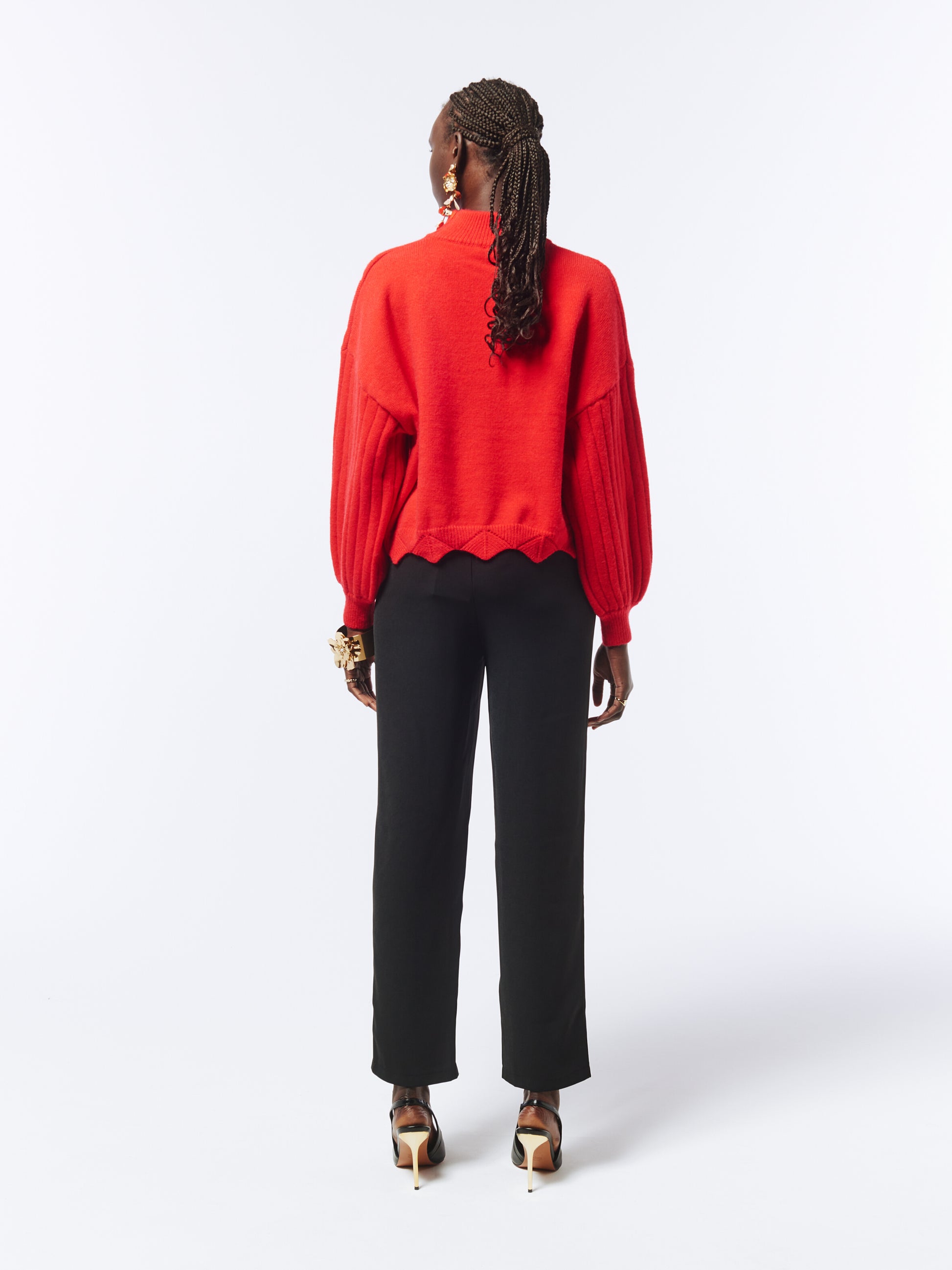 Batwing Sleeves Scallop Edge Knit Jumper II in Lust Red
