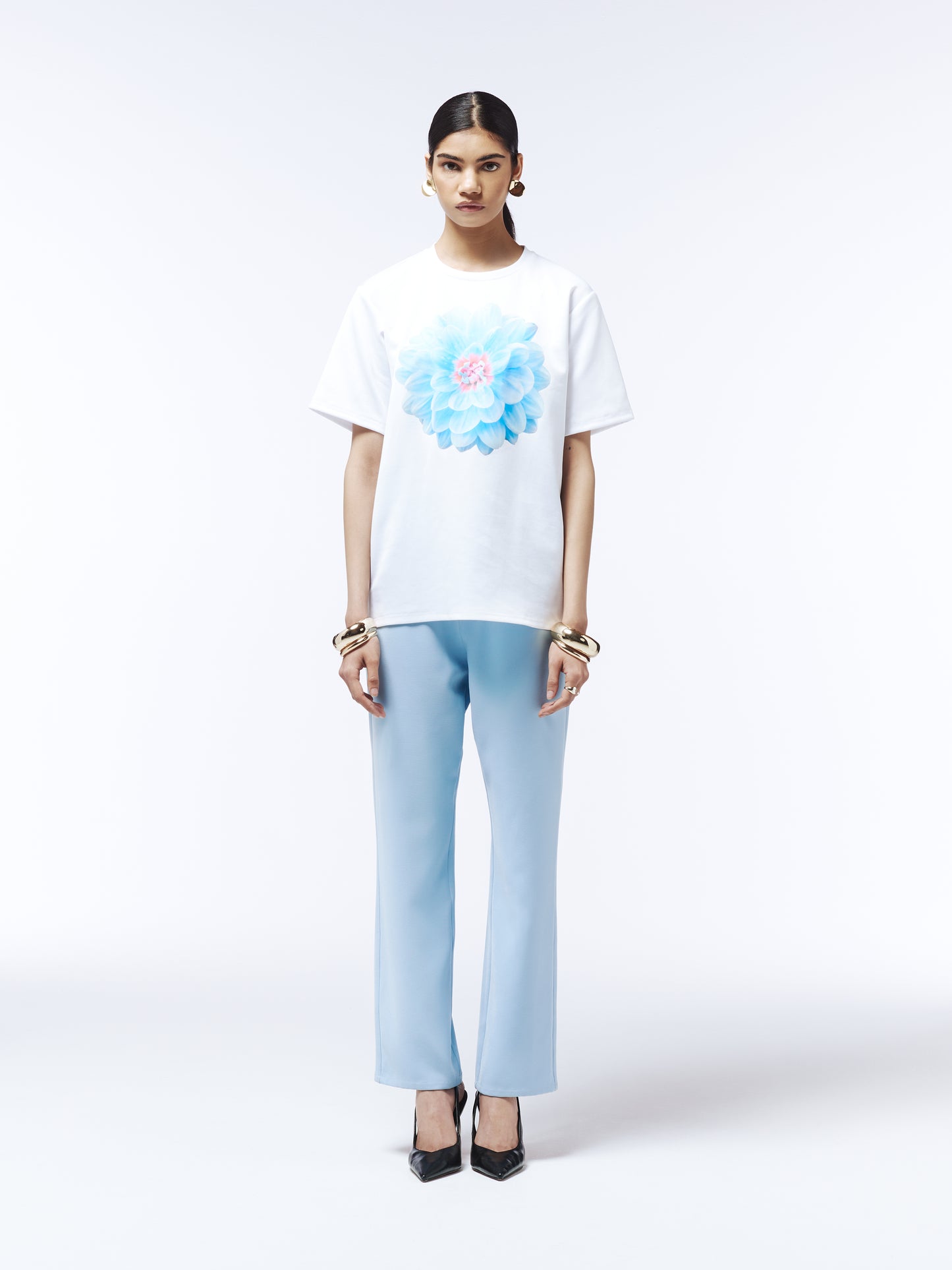 Sour Figs cloud blue T-shirt with illustrated dahlia flower print