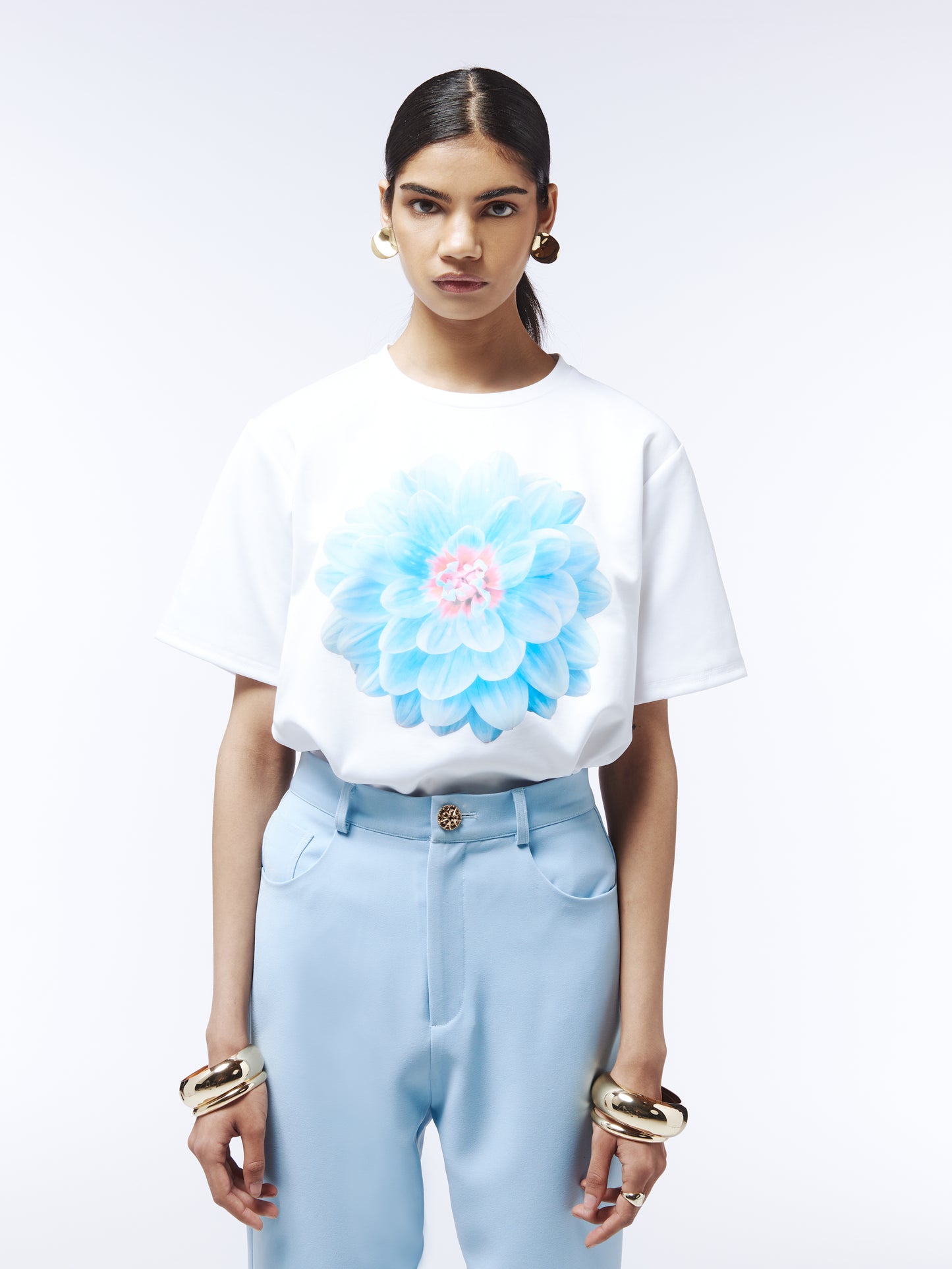 Relaxed-fit floral T-shirt with digitally enhanced dahlia motif