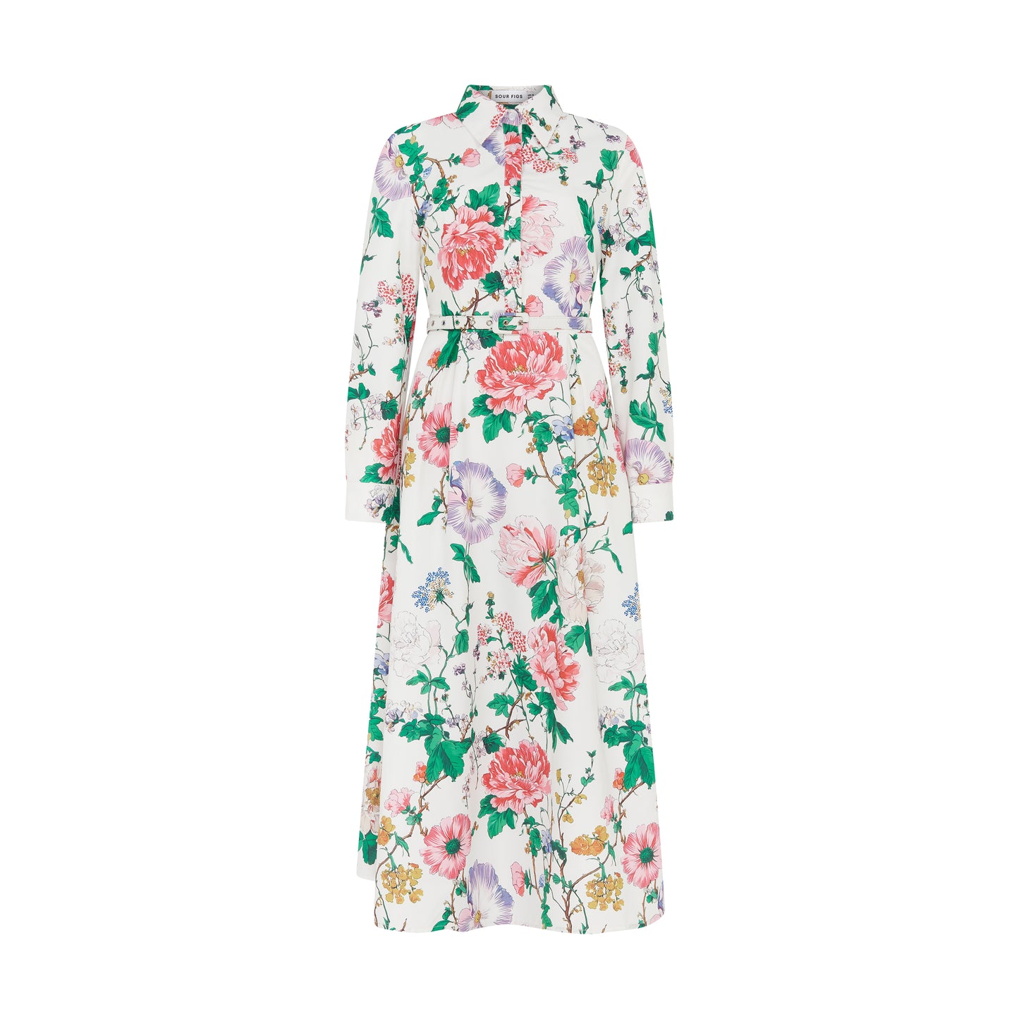 SOUR FIGS occasion shirt dress in porcelain white with romantic botanical wildflower print