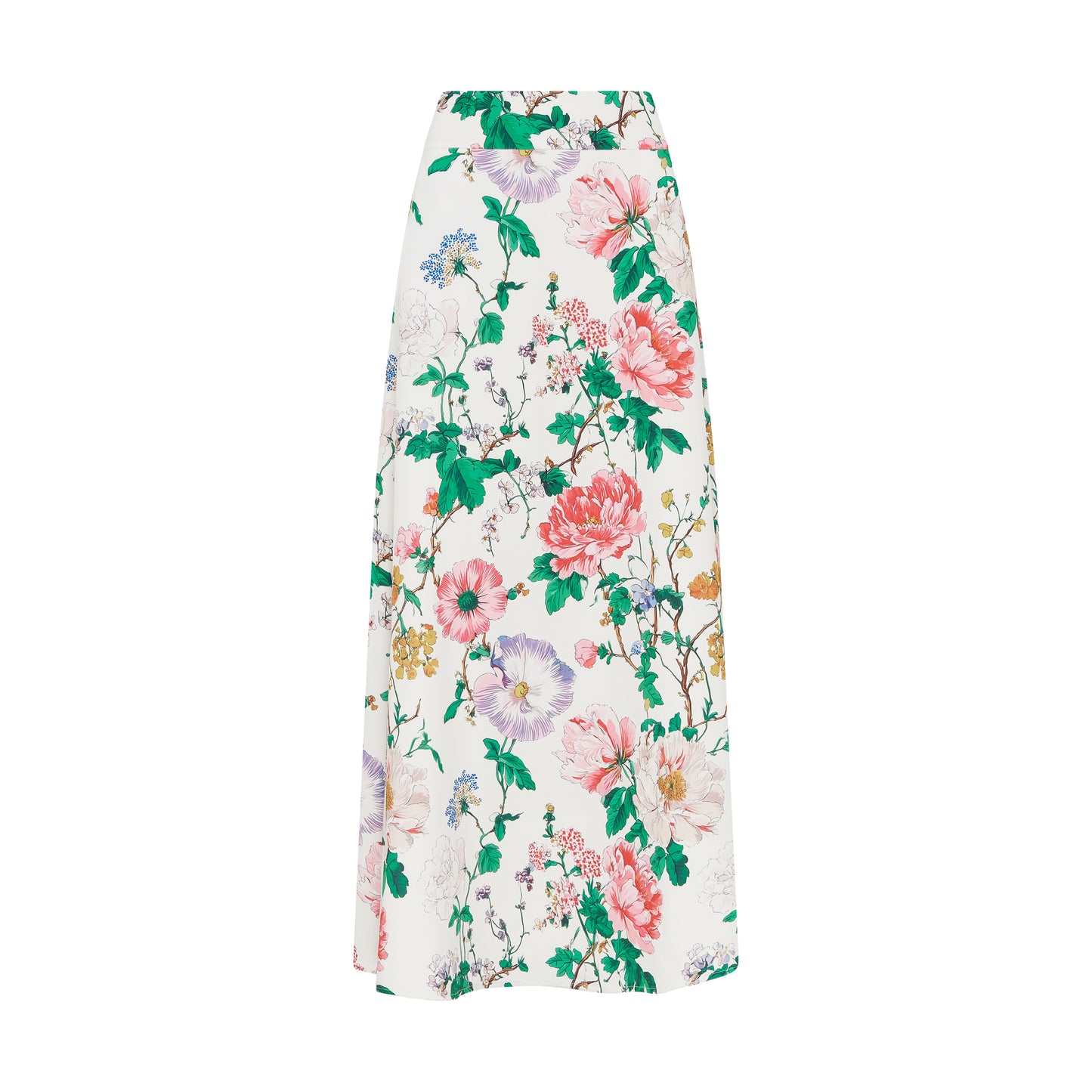 SOUR FIGS high-rise long skirt with pink, lilac and blue botanical flowers on white base