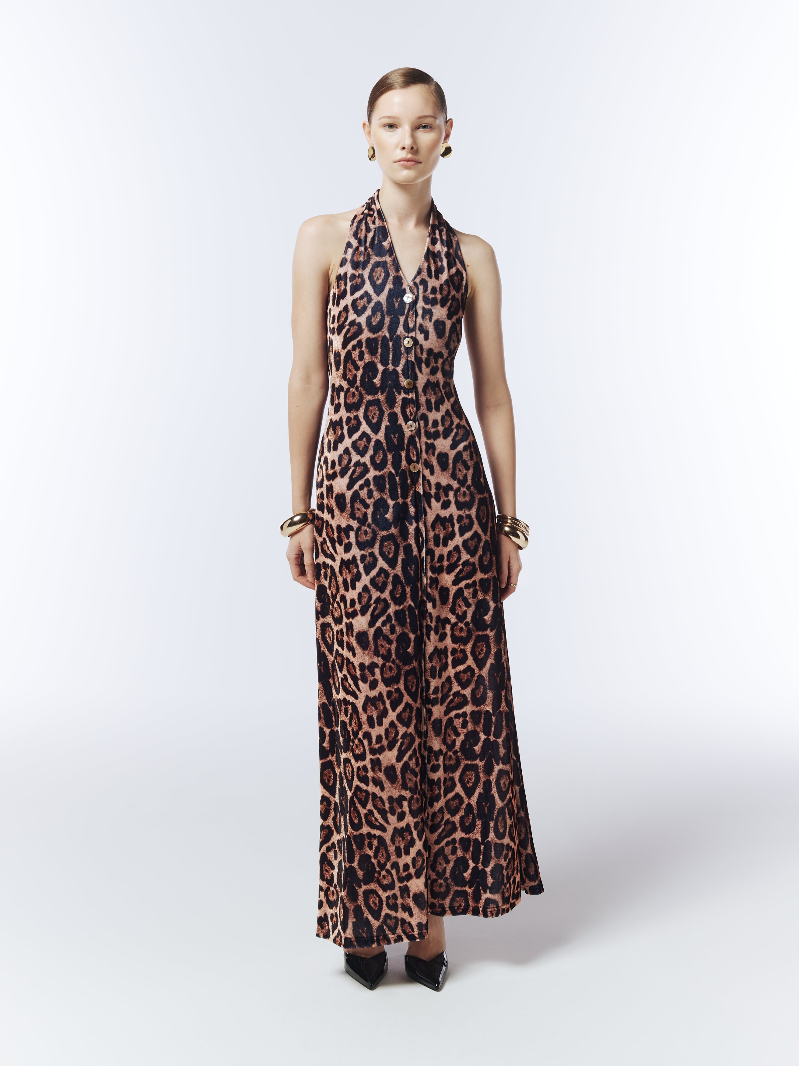 chinese dress ladies Button-Front Halterneck Leopard Velvet Maxi Dress in Warm Caramel Brow –  SOUR FIGS