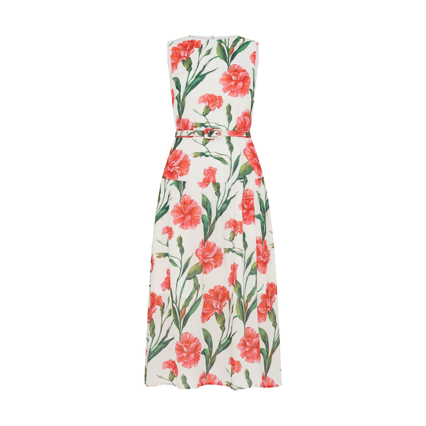 SOUR FIGS Carnation Print Belted Midi Dress in Porcelain White with coral-red flowers and green botanical stems.