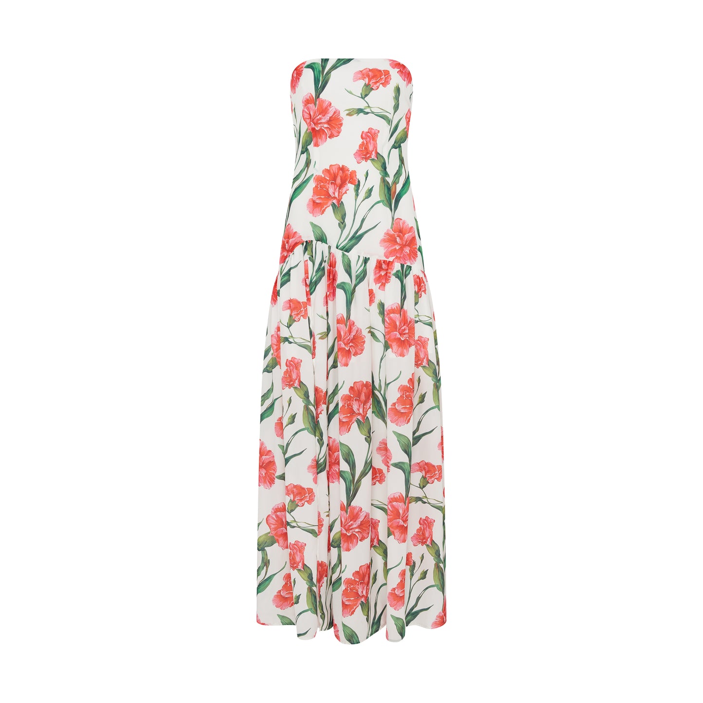 SOUR FIGS strapless floral evening dress in Porcelain White with red flowers and green foliage
