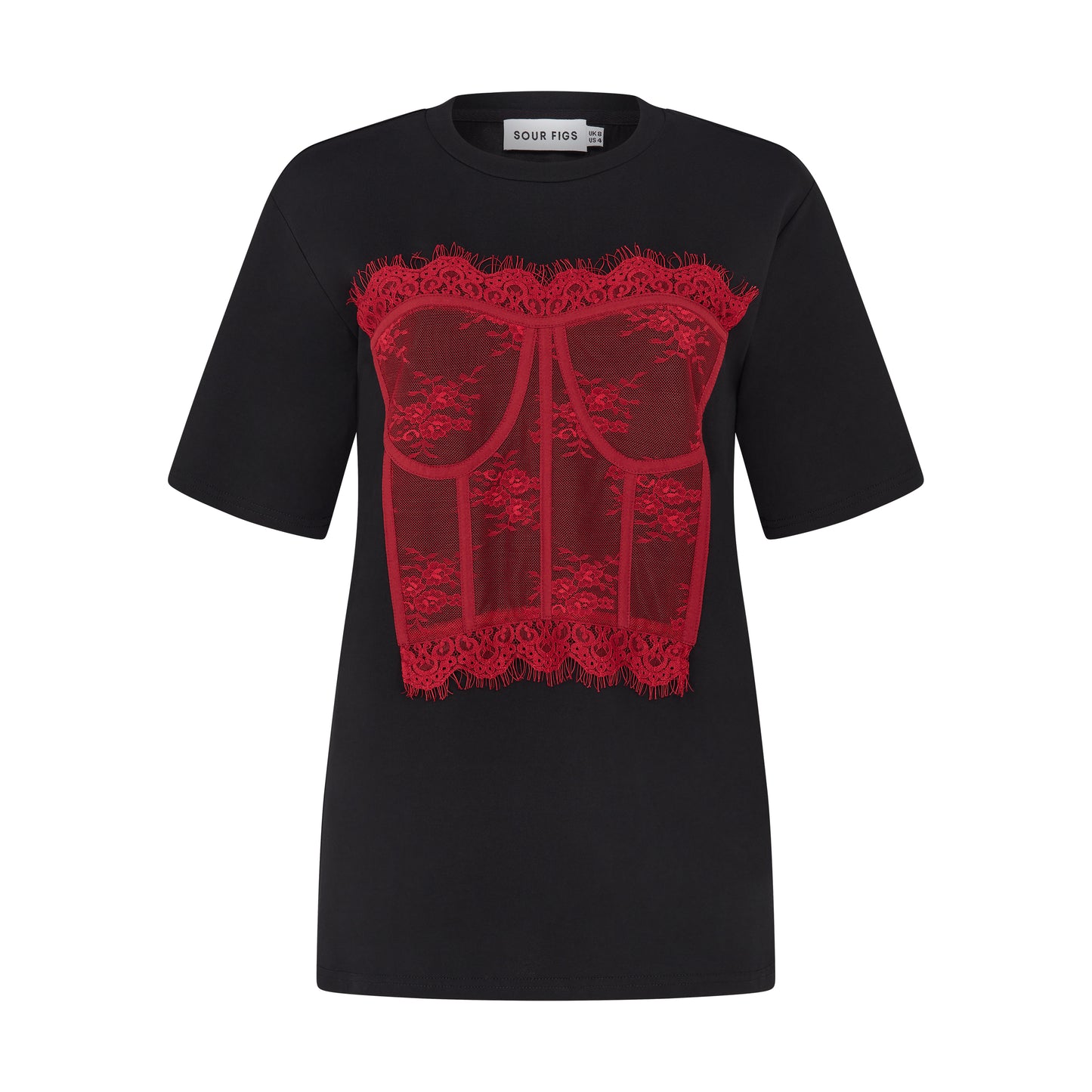 SOUR FIGS designer black T-shirt with red bustier-inspired lace appliqué and short sleeves