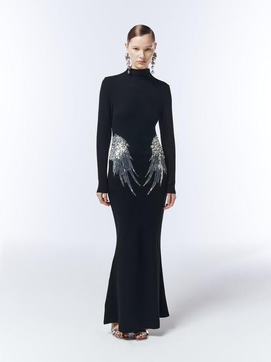 SOUR FIGS Embellished Wing Detail Evening Dress in Black – full-length black gown with silver crystal wing motifs.