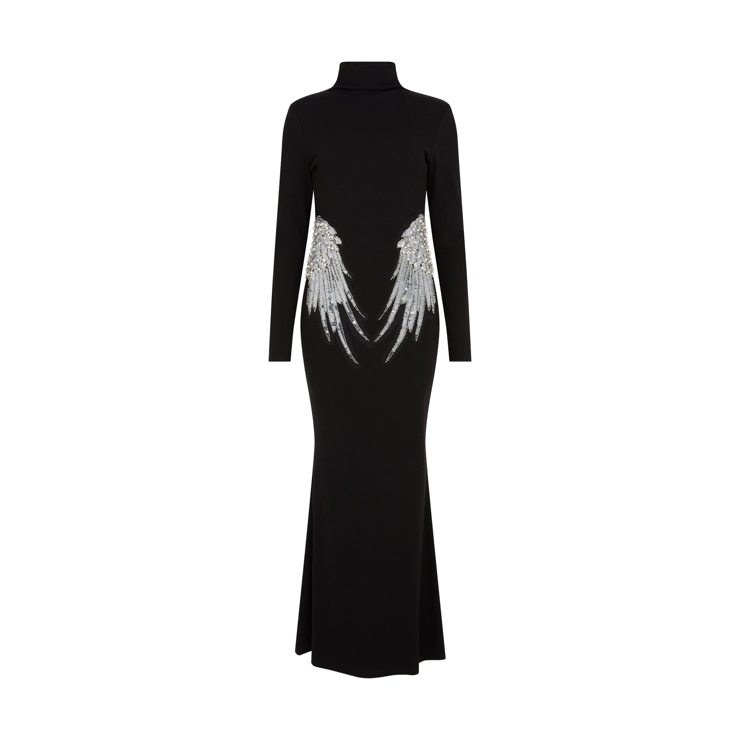 Black embellished gown with fitted silhouette and wing crystal design – SOUR FIGS womenswear.