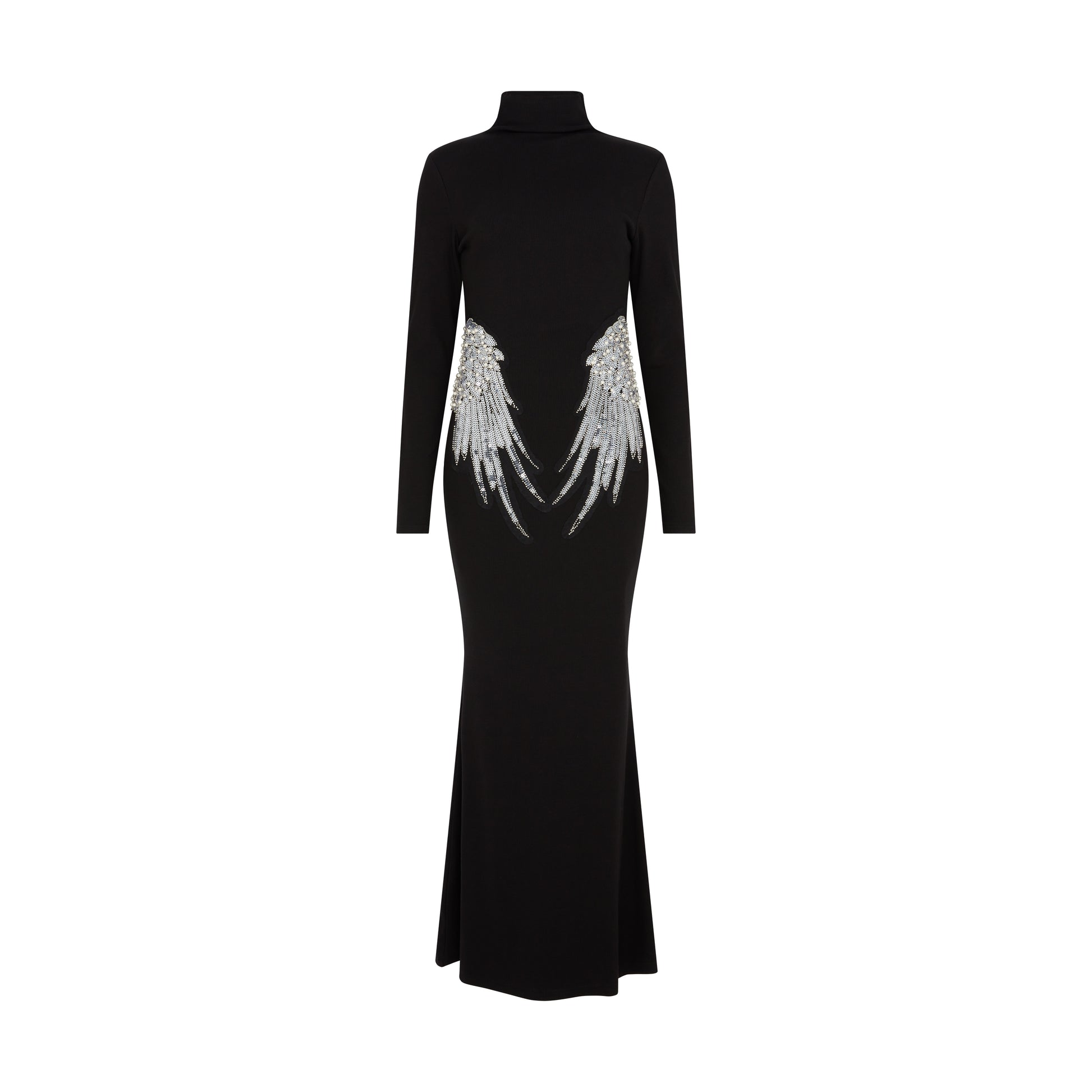 Black embellished gown with fitted silhouette and wing crystal design – SOUR FIGS womenswear.