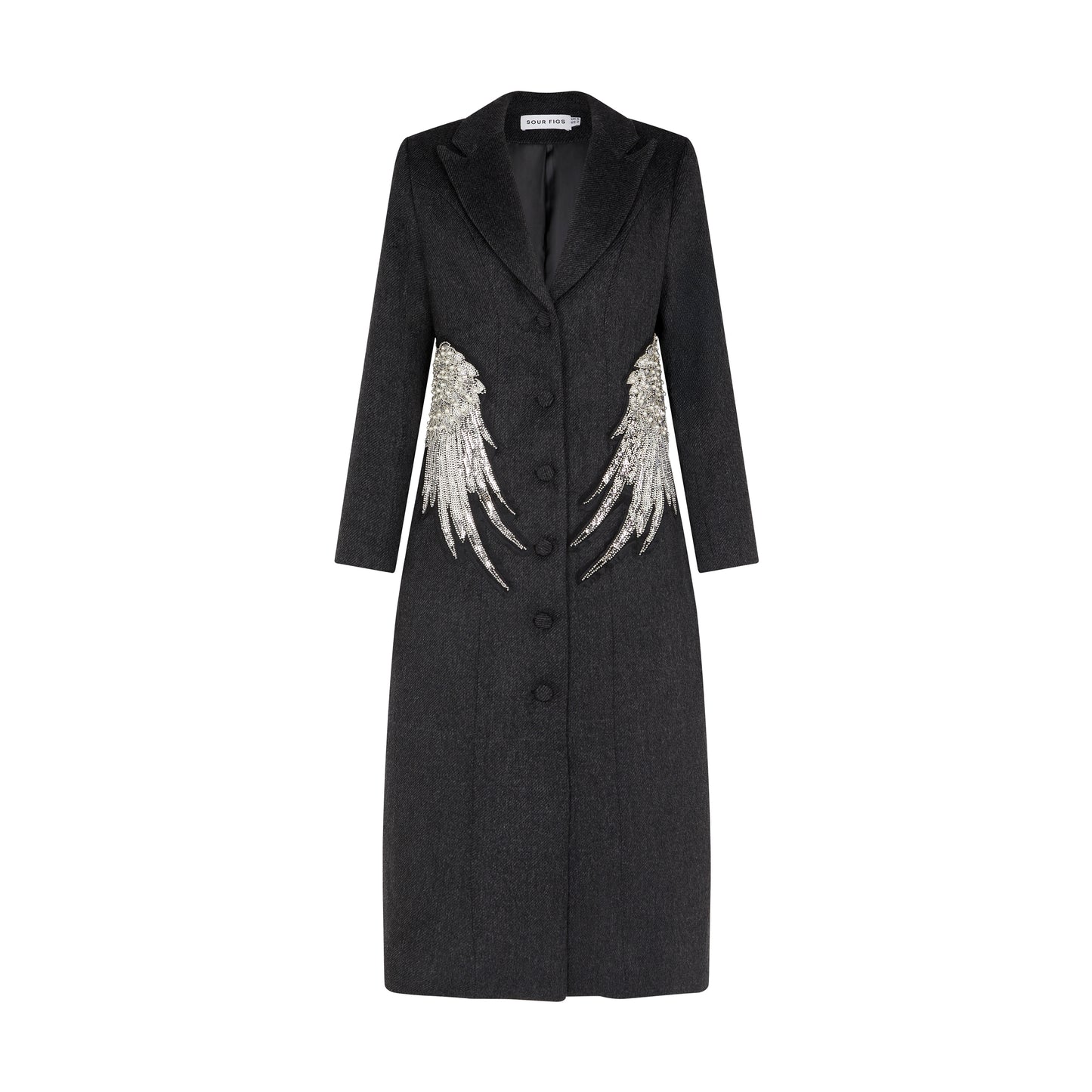 SOUR FIGS Embellished Wing Detail Single-Breasted Wool Blend Coat in Charcoal Grey