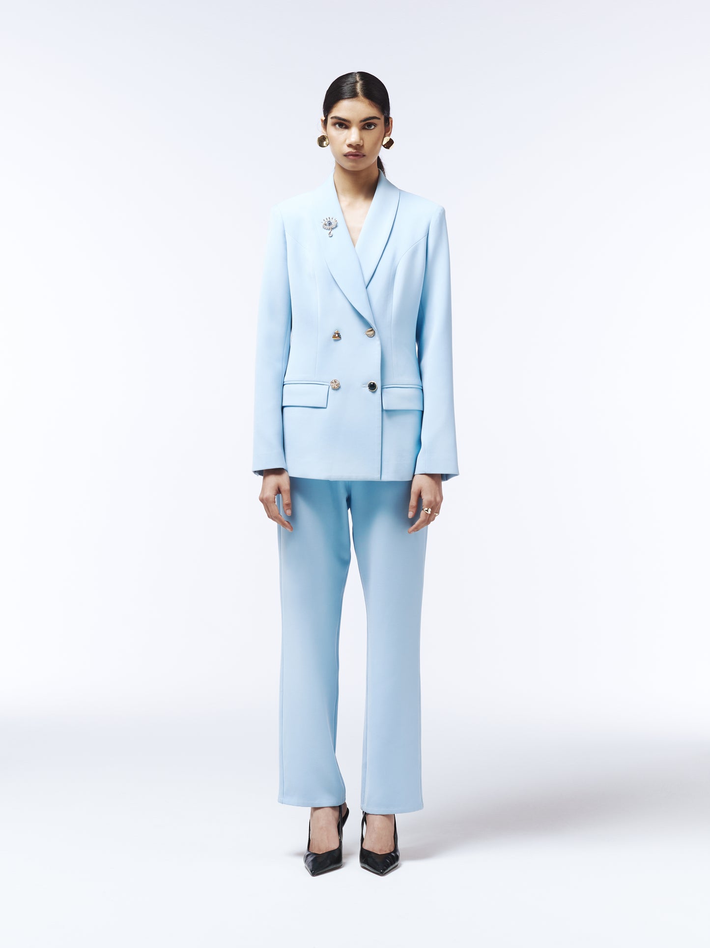 SOUR FIGS sky blue tailored blazer with embellished buttons and crystal brooch