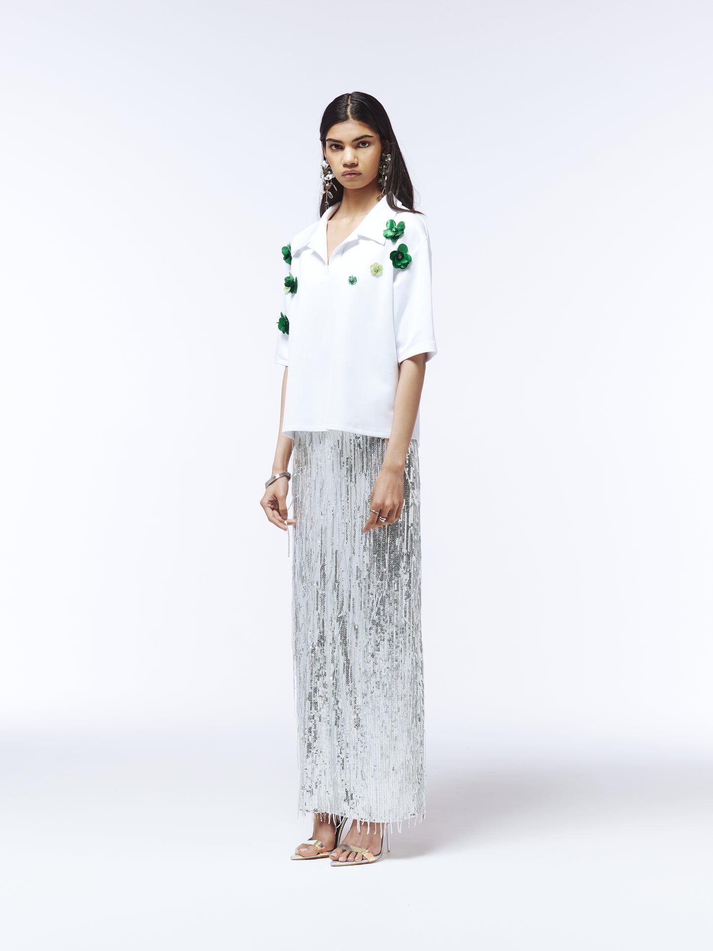Clover white cotton poplin polo top with open collar and floral details