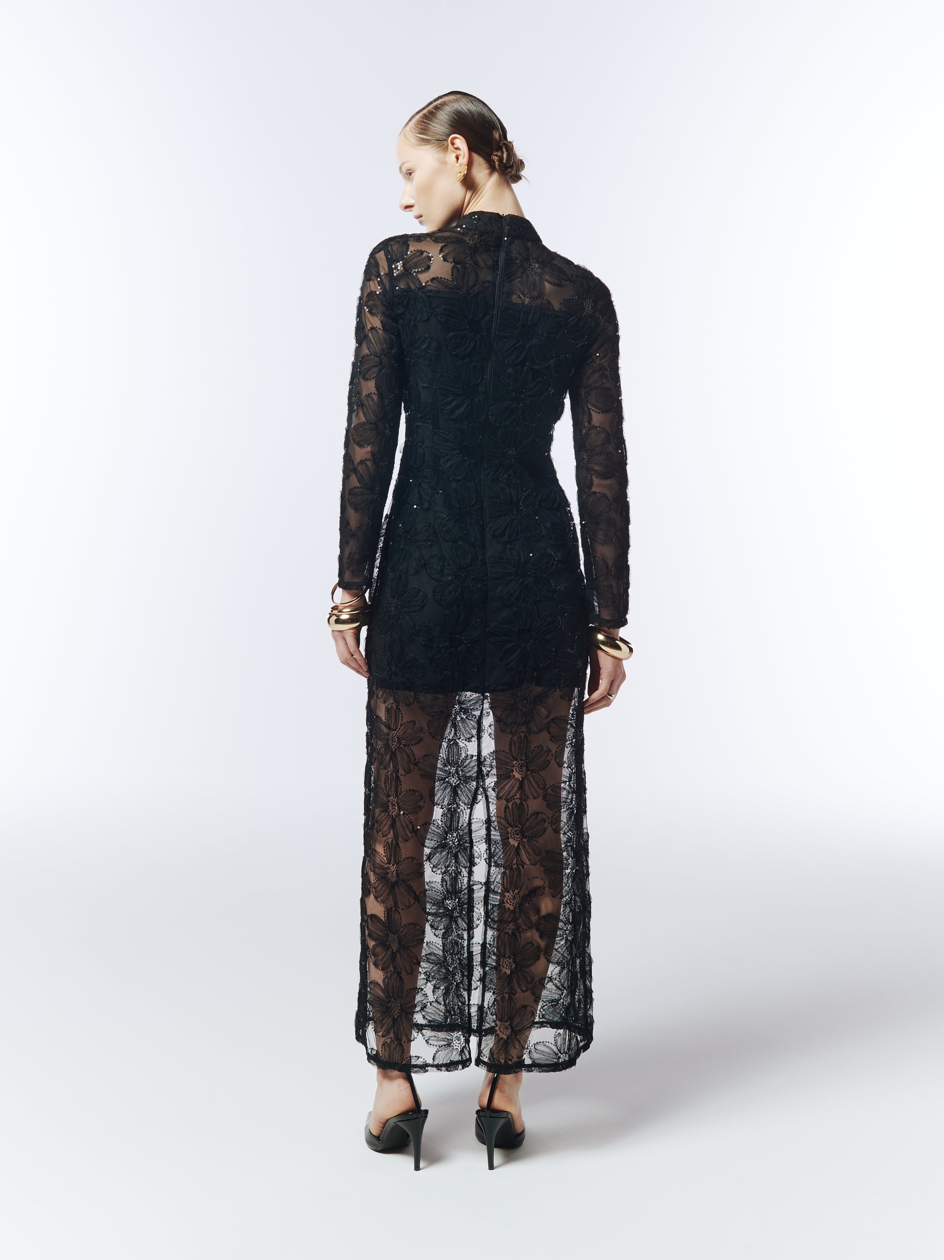Back view of black embroidered mesh dress with sheer overlay and concealed zip.