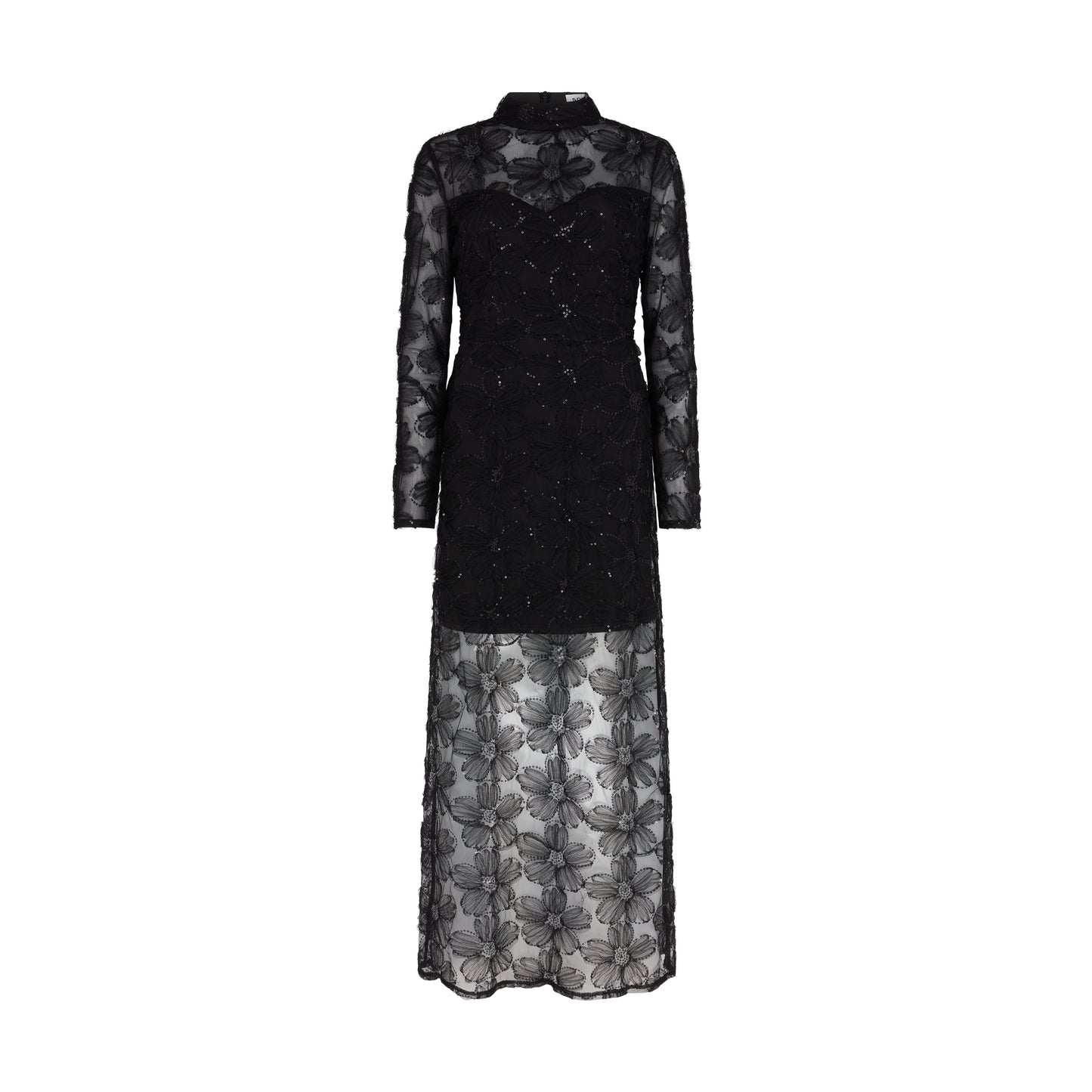 Detailed shot of 3D floral textures and shimmer embellishments suitable for eveningwear.