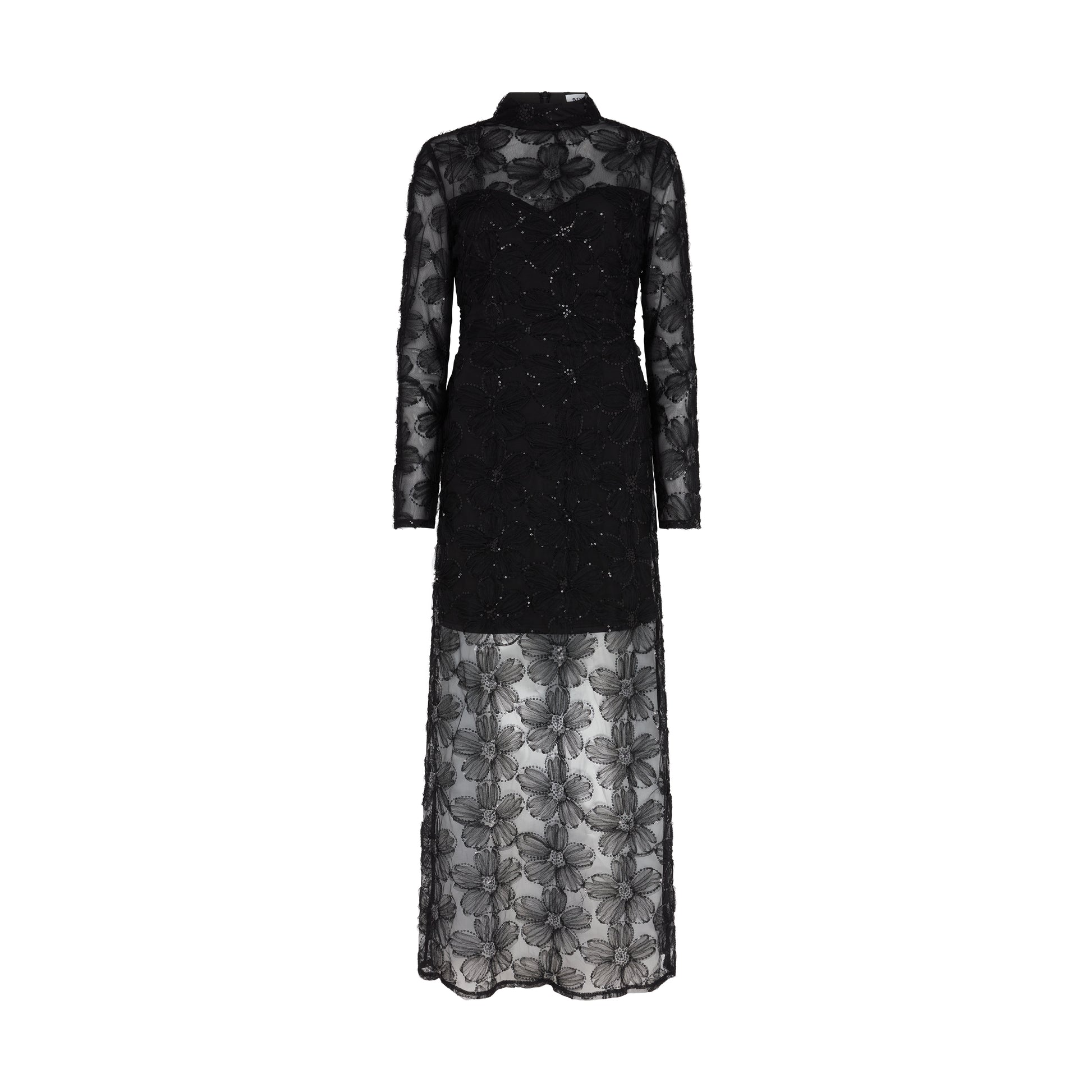 Detailed shot of 3D floral textures and shimmer embellishments suitable for eveningwear.