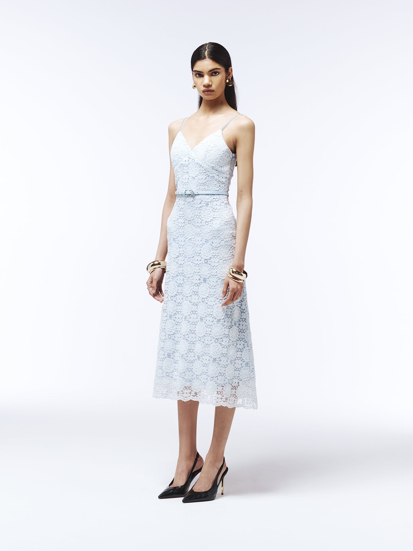 Powder blue lace summer dress with V-neckline and scalloped hem detailing