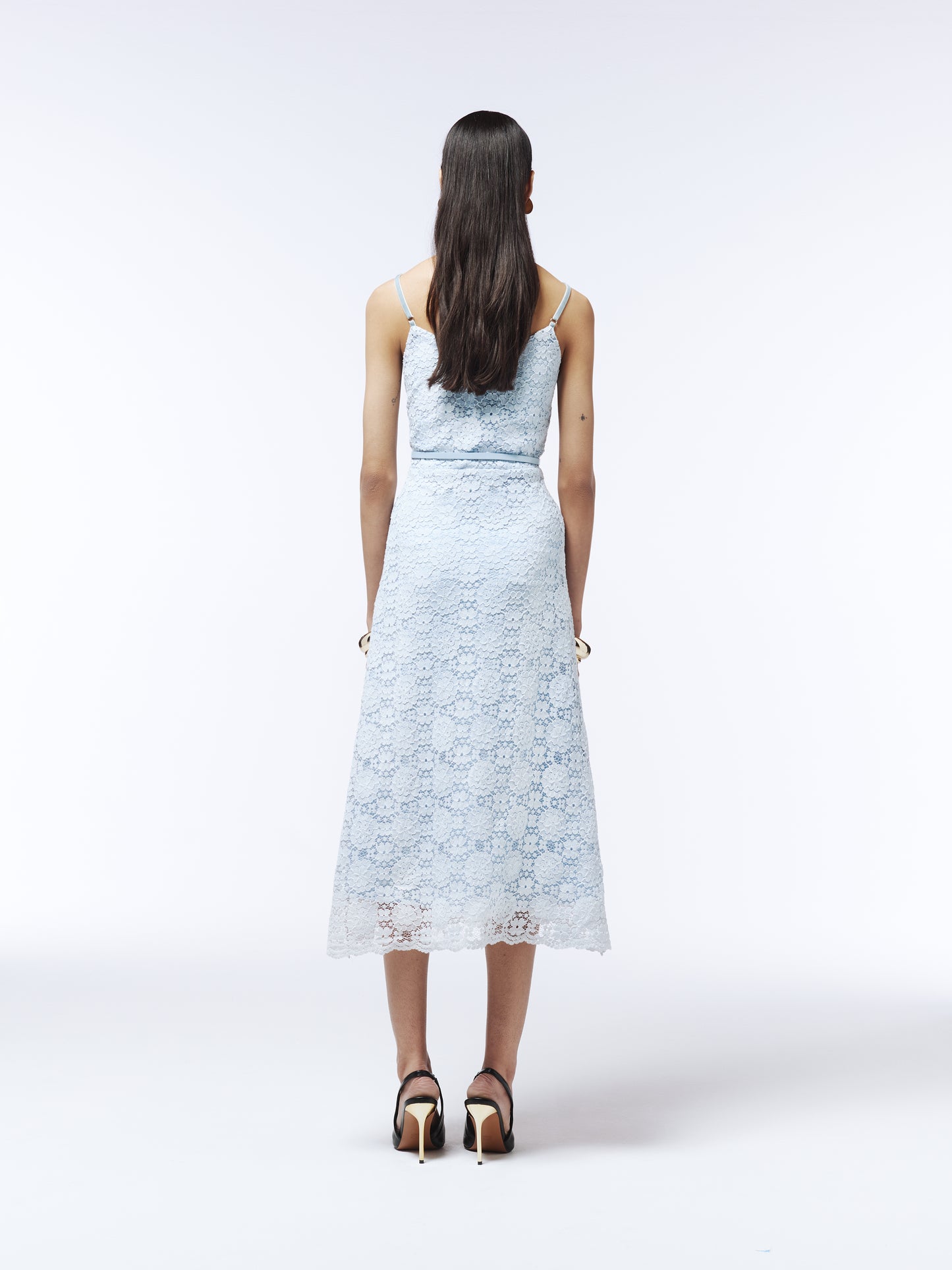 Close-up of powder blue lace texture and embroidery on Sour Figs midi dress