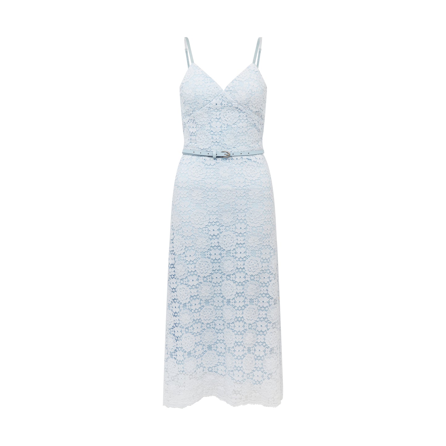 belted lace dress in pastel blue with delicate floral pattern
