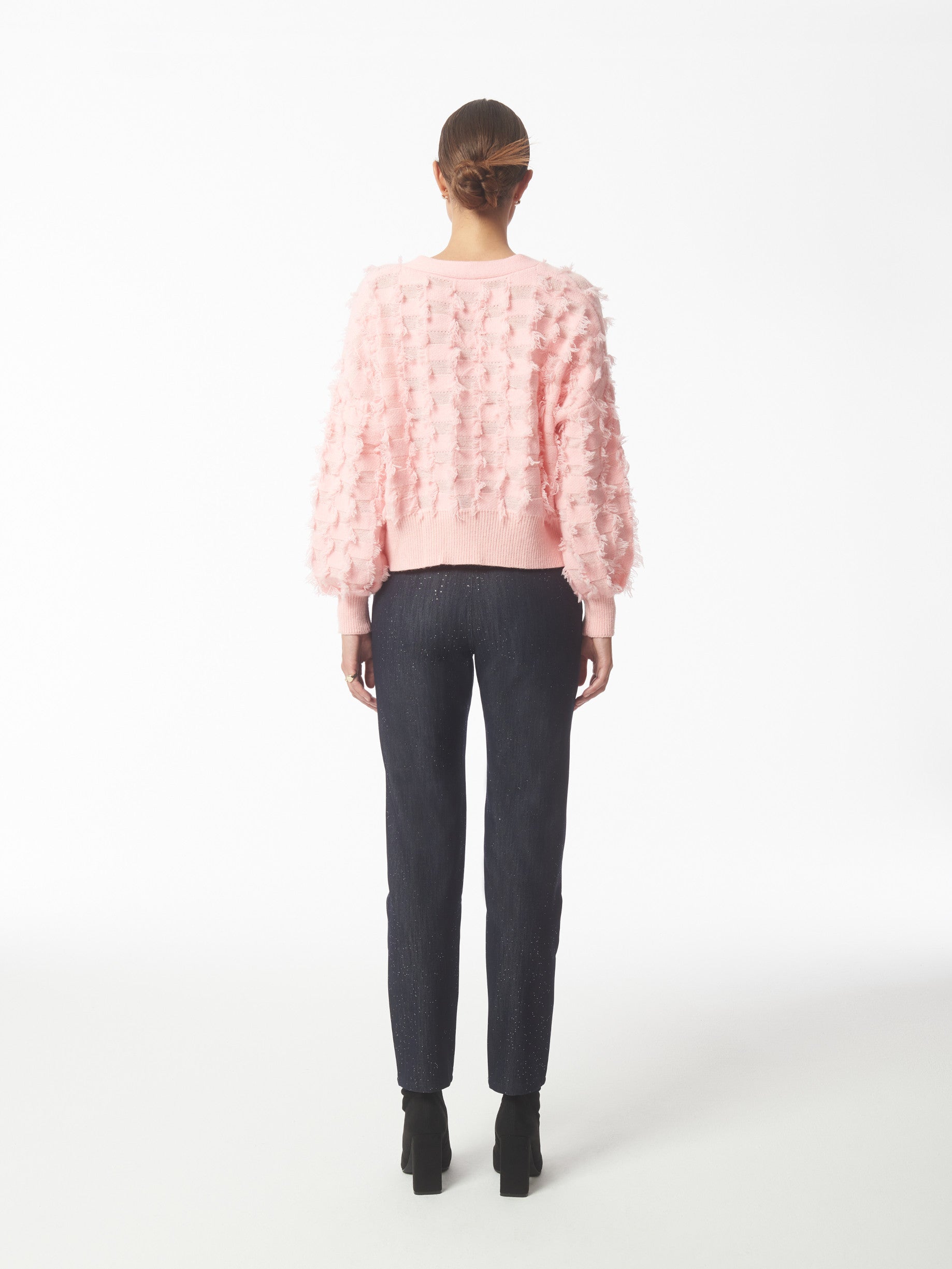 SOUR FIGS Fringed Cardigan with Checkered Pattern in Pink