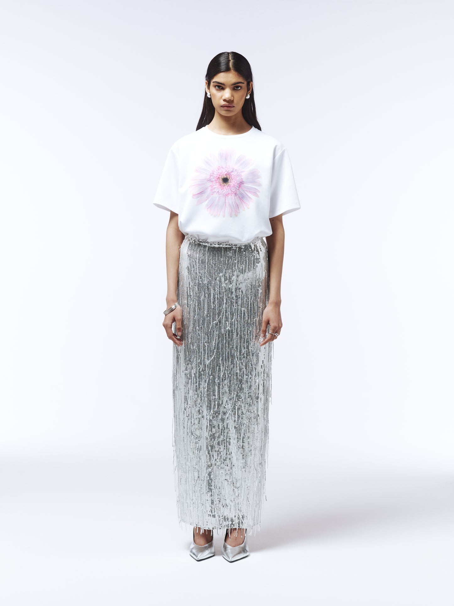 SOUR FIGS Sequin Fringed Maxi Skirt in Silver featuring all-over sequin embellishment and high-waisted fit
