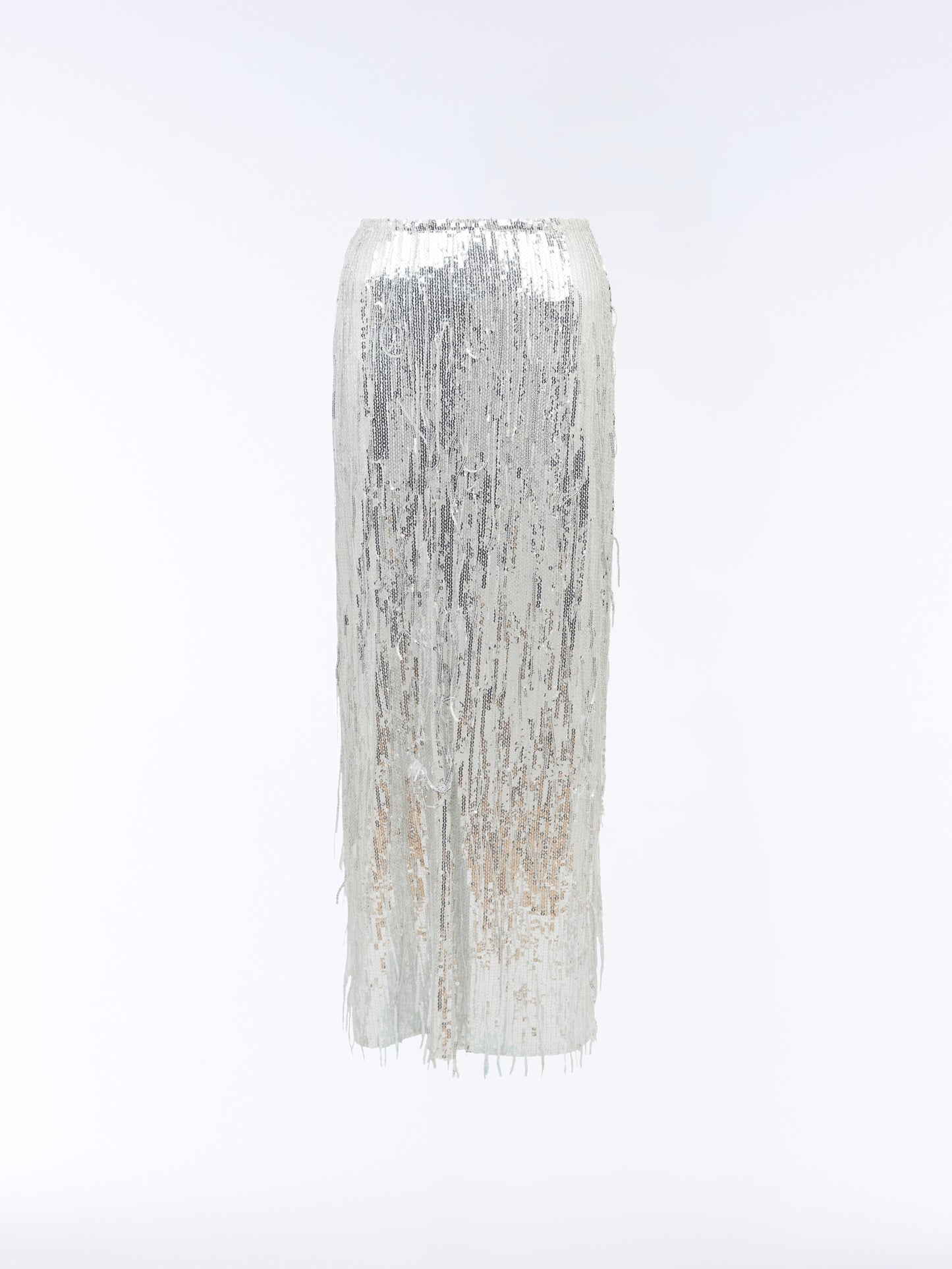 ull-length shot of the high-waisted silver sequin maxi skirt with fringe hemline