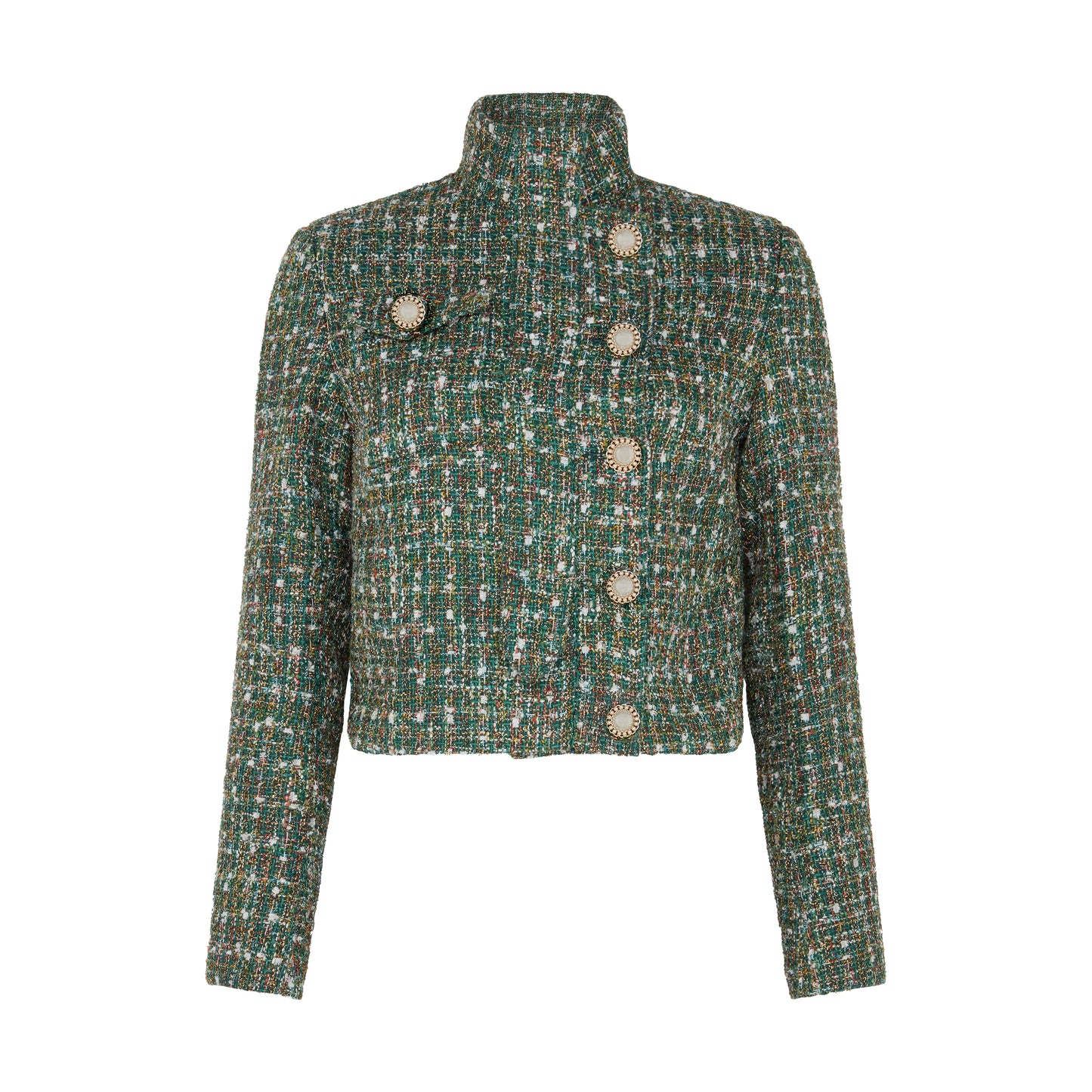 Close-up of SOUR FIGS emerald mélange tweed jacket showing pearl button detailing and multi-tonal check weave in green, gold and ivory threads — premium tailoring.
