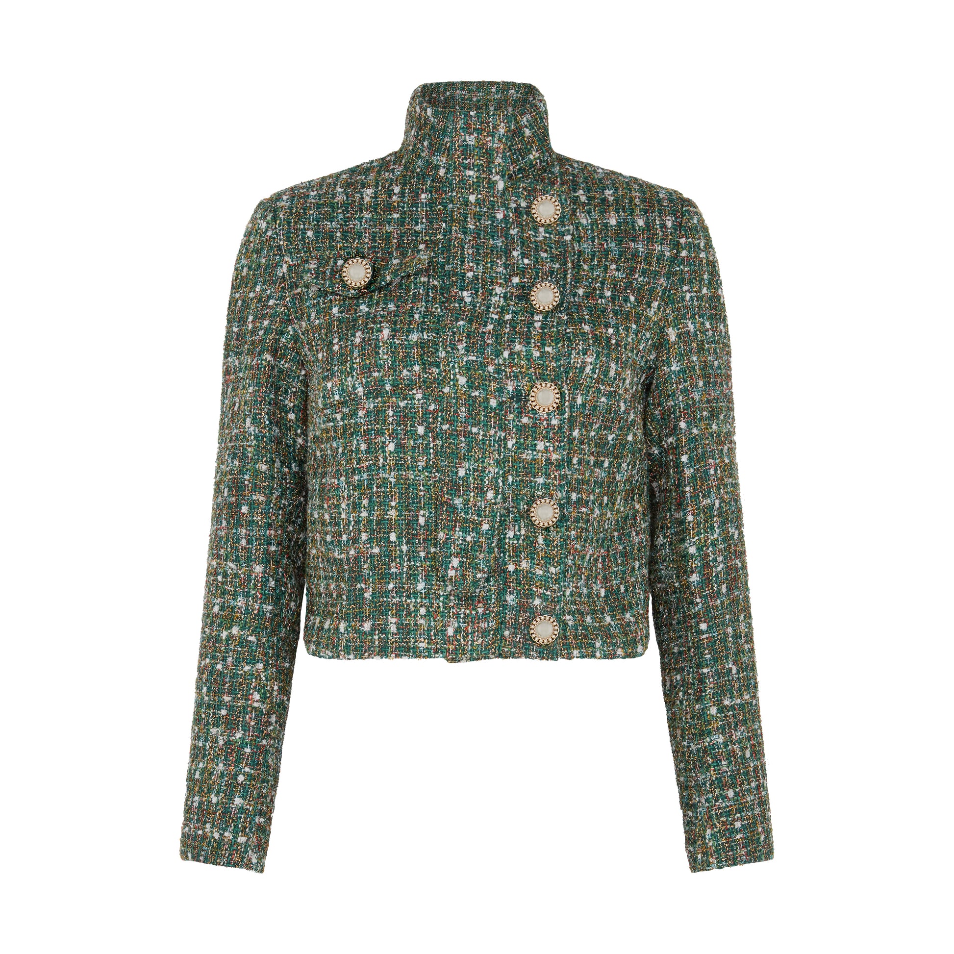 Close-up of SOUR FIGS emerald mélange tweed jacket showing pearl button detailing and multi-tonal check weave in green, gold and ivory threads — premium tailoring.