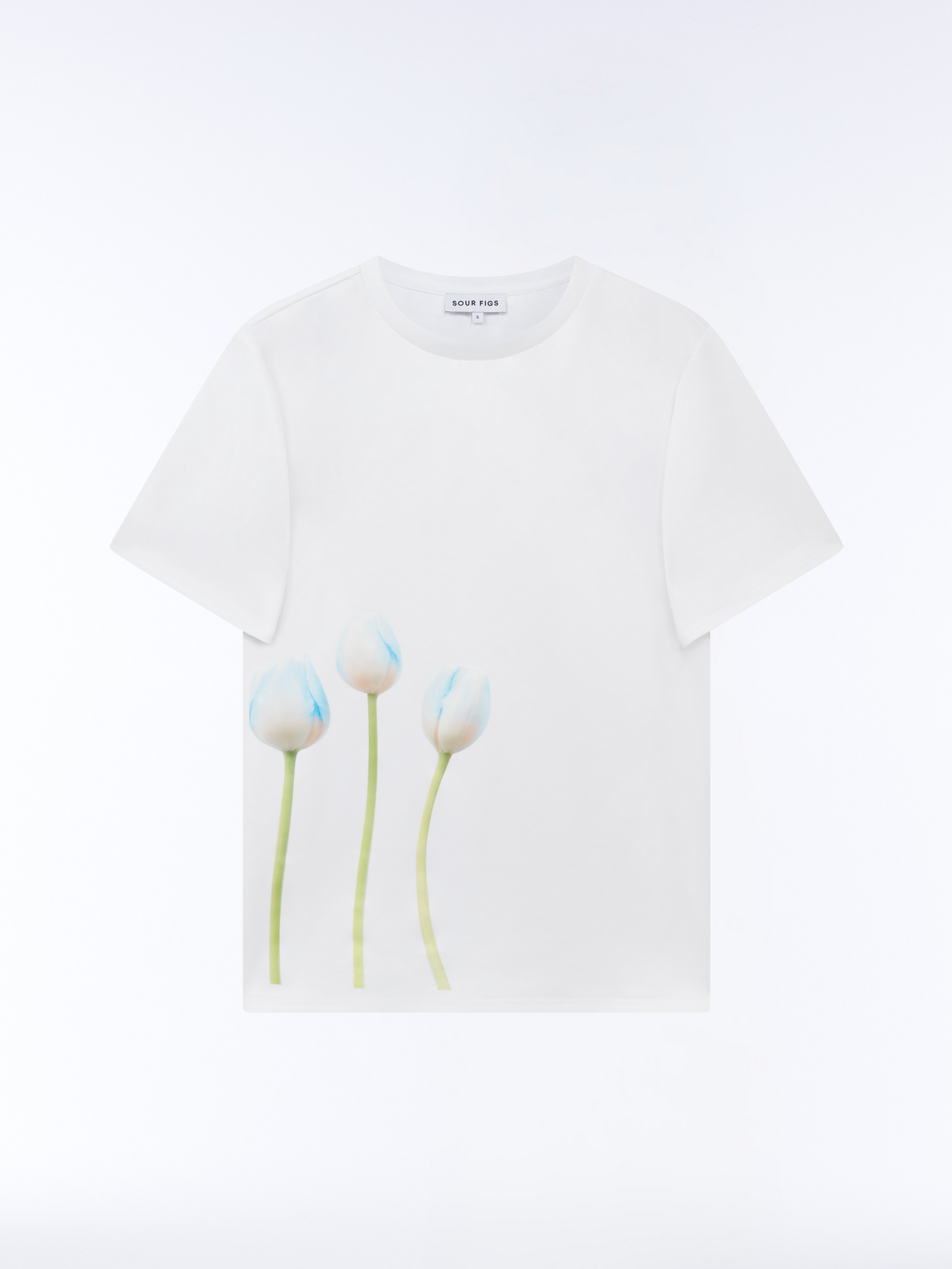 SOUR FIGS relaxed-fit crew neck T-shirt with tulip motif in Ice Petal White