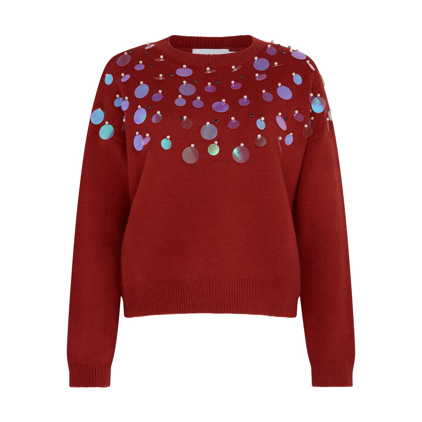 Studio flat lay of SOUR FIGS Sequin-Embellished Jumper in dark Red.