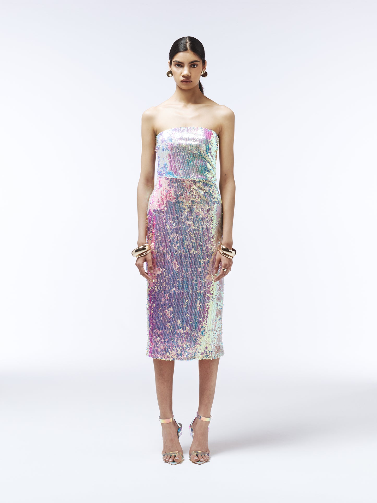 SOUR FIGS strapless midi dress with iridescent pastel sequins in pink, lilac, aqua, and gold tones.