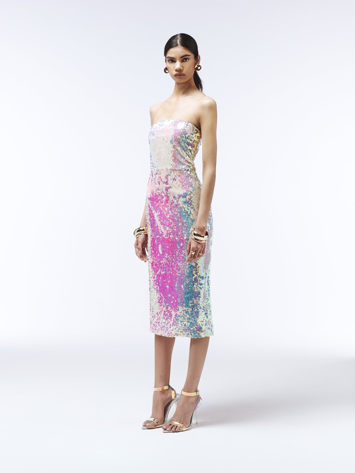 Opalescent sequin strapless dress by SOUR FIGS in shimmering pastel hues, ideal for party or occasion wear.