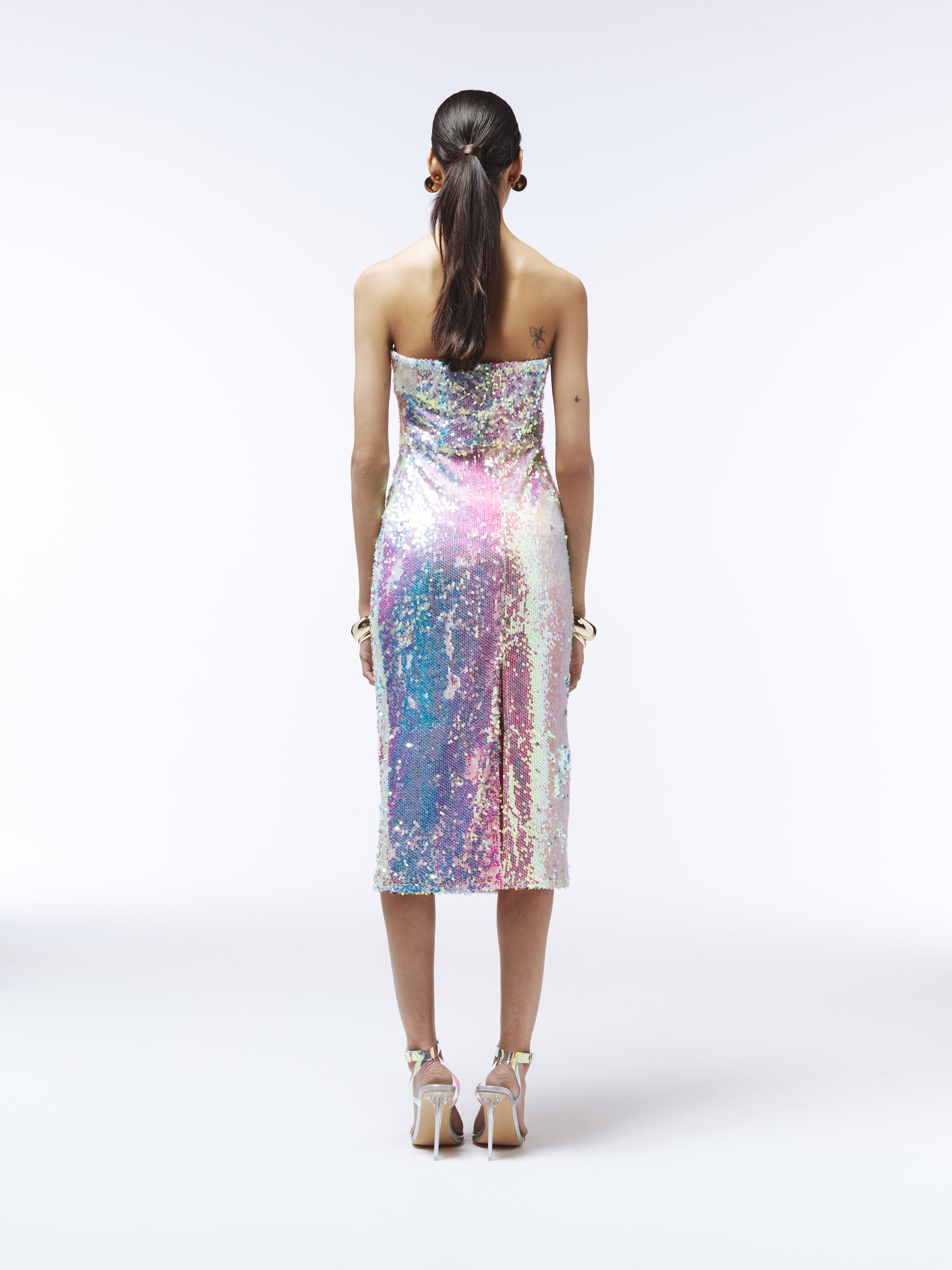 SOUR FIGS holographic-effect sequin midi dress featuring a bodycon fit and radiant pastel colour gradient.