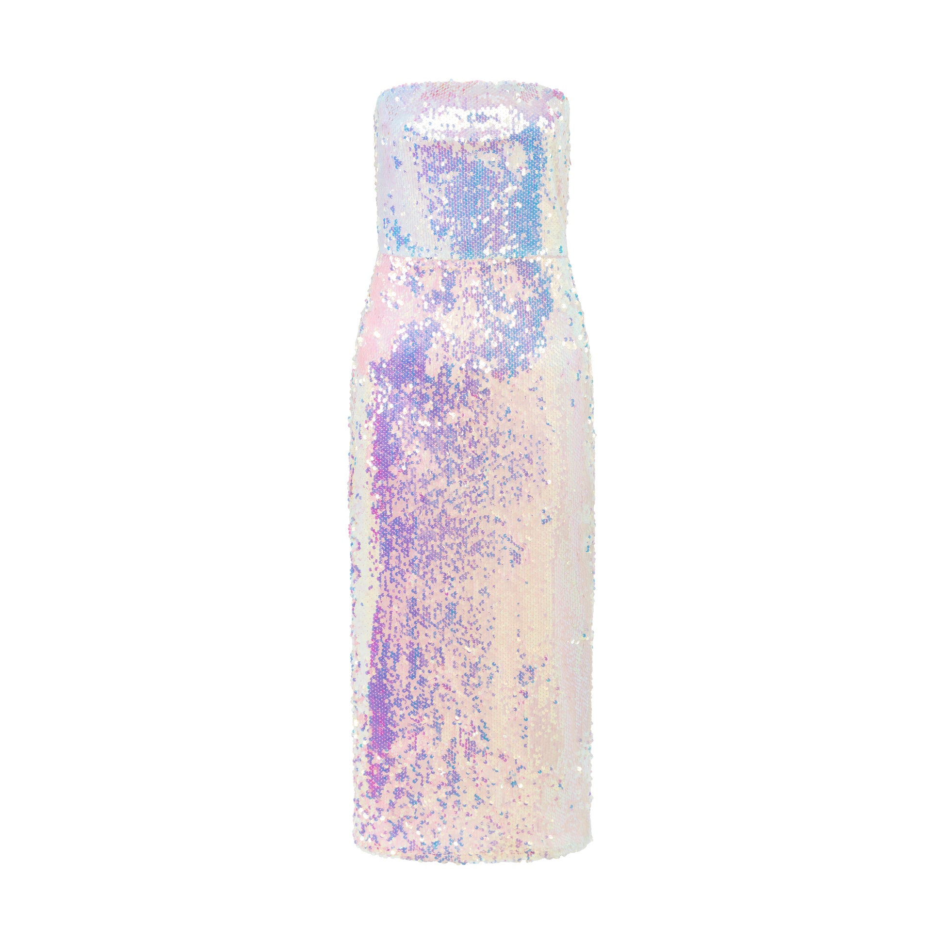 Pastel rainbow sequin evening dress with strapless neckline and sleek silhouette from SOUR FIGS.