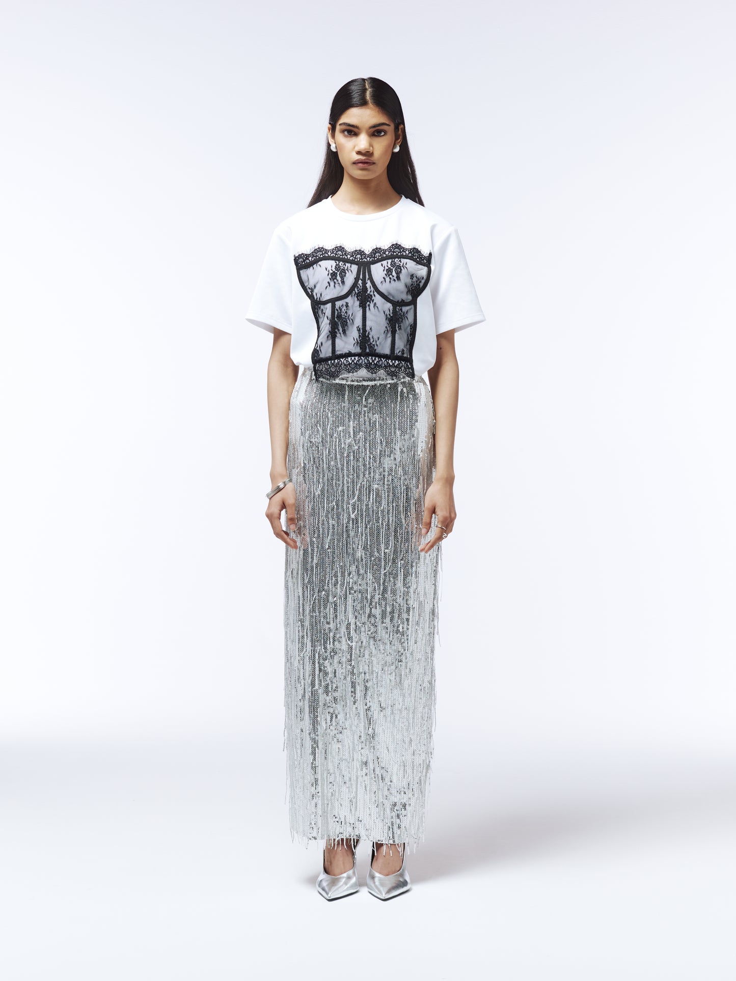 Sour Figs white cotton T-shirt with black lace corset appliqué