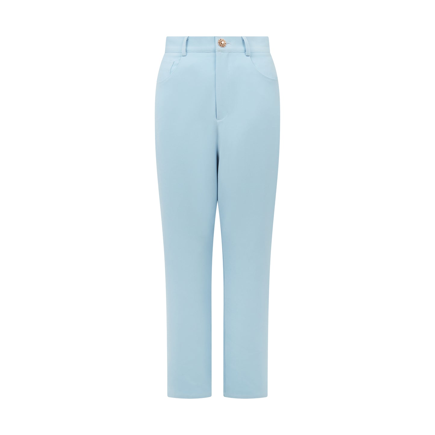 High-rise straight-leg blue trousers in smooth fabric with jewel button at waist