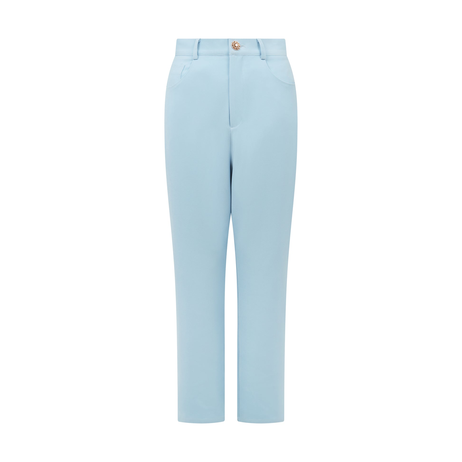 High-rise straight-leg blue trousers in smooth fabric with jewel button at waist