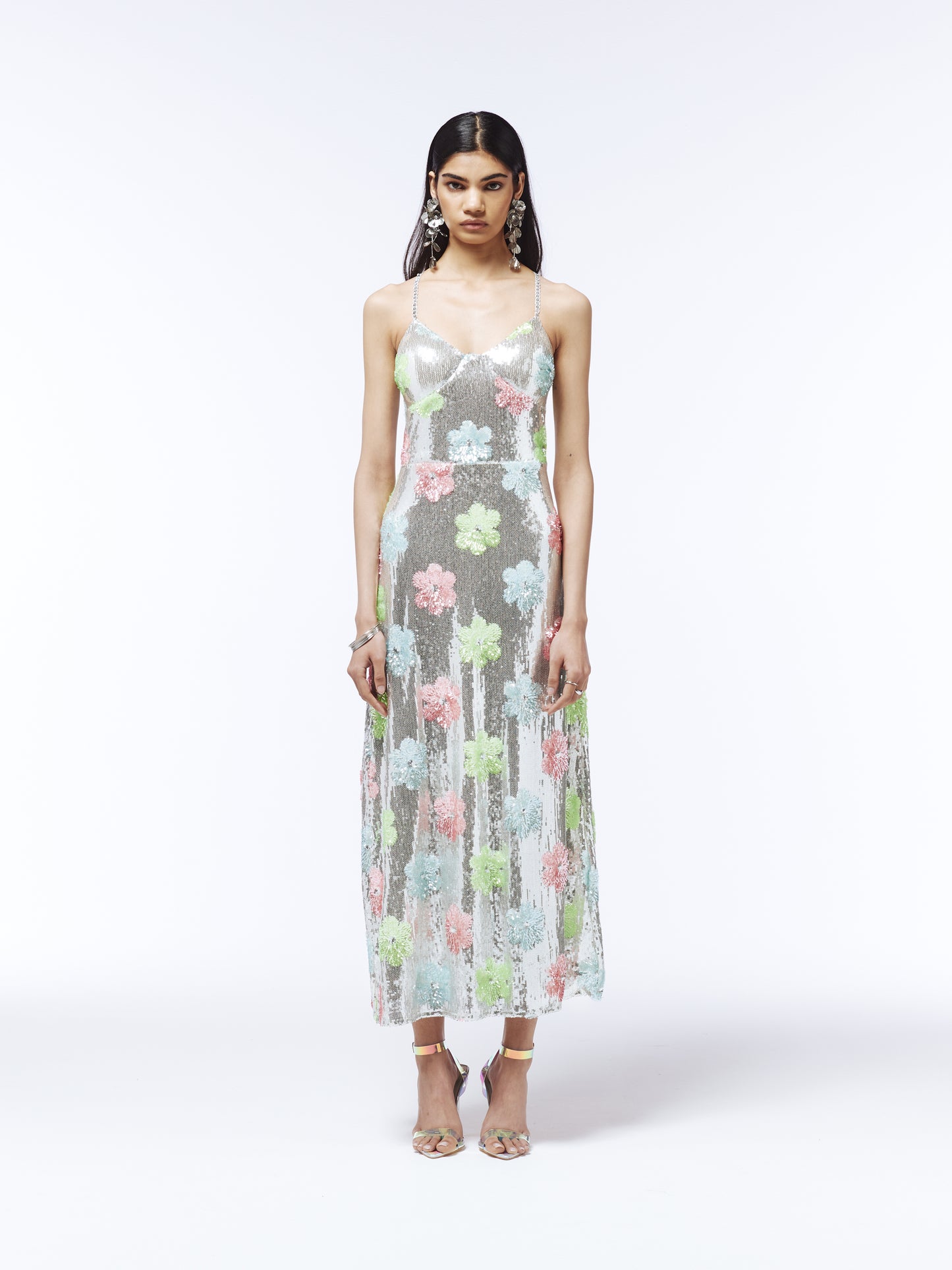 SOUR FIGS metallic midi dress featuring pastel floral sequins in silver, mint green, pink, and blue.