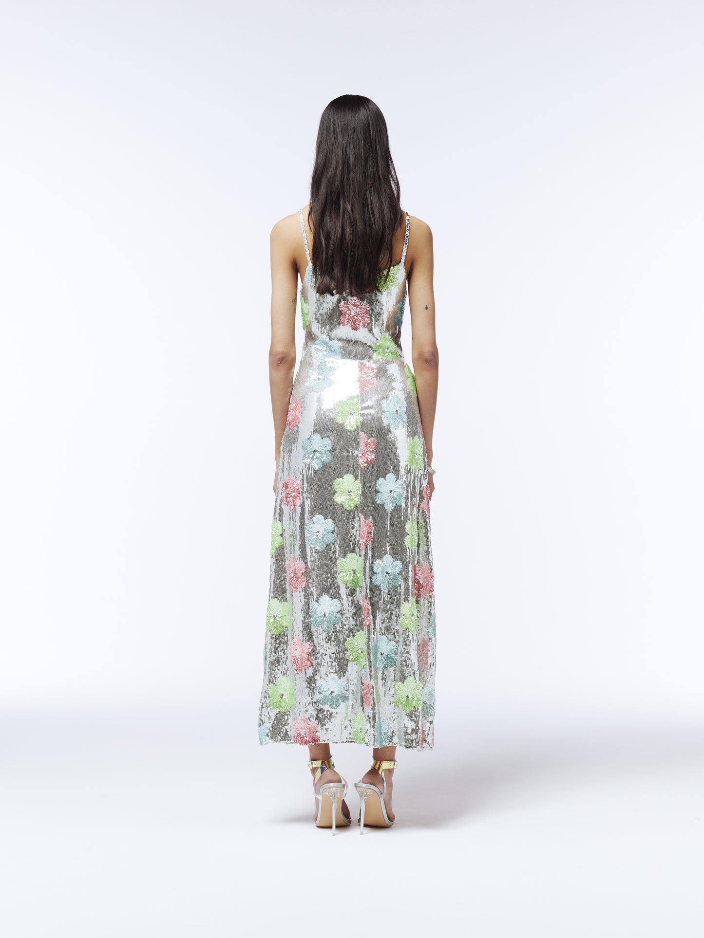 Elegant pastel floral sequin midi dress by SOUR FIGS, ideal for weddings and special occasions.