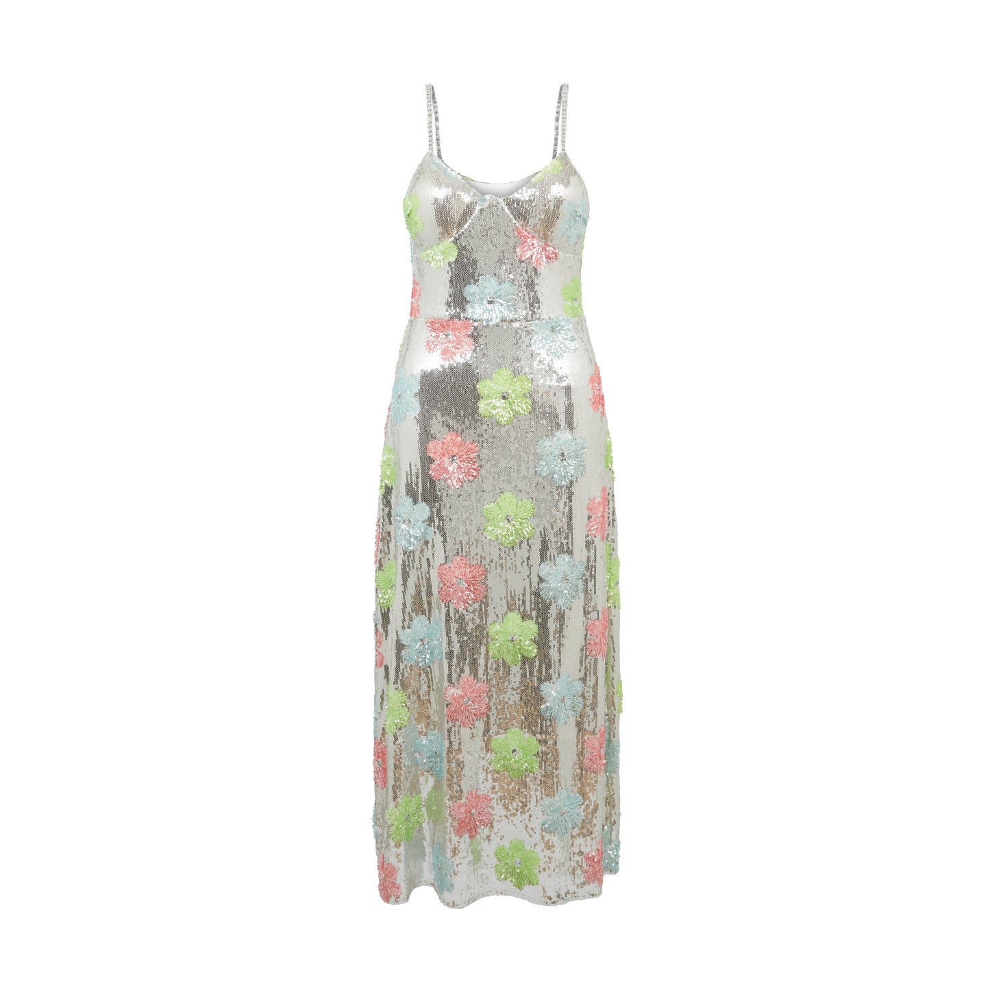 SOUR FIGS glamorous spaghetti strap midi dress embellished with mint green, pink, and sky blue floral sequins.