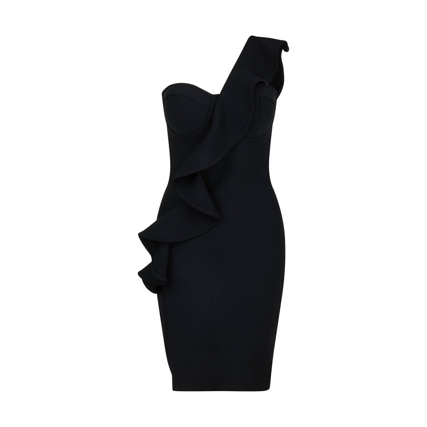 One Shoulder Ruffle Slit Hem Bandage Mini Dress in Black