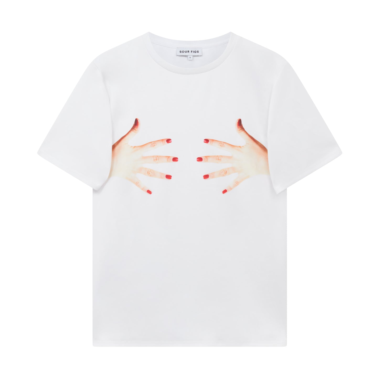 Contemporary hand print T-shirt with red nails, designed in London by Sour Figs