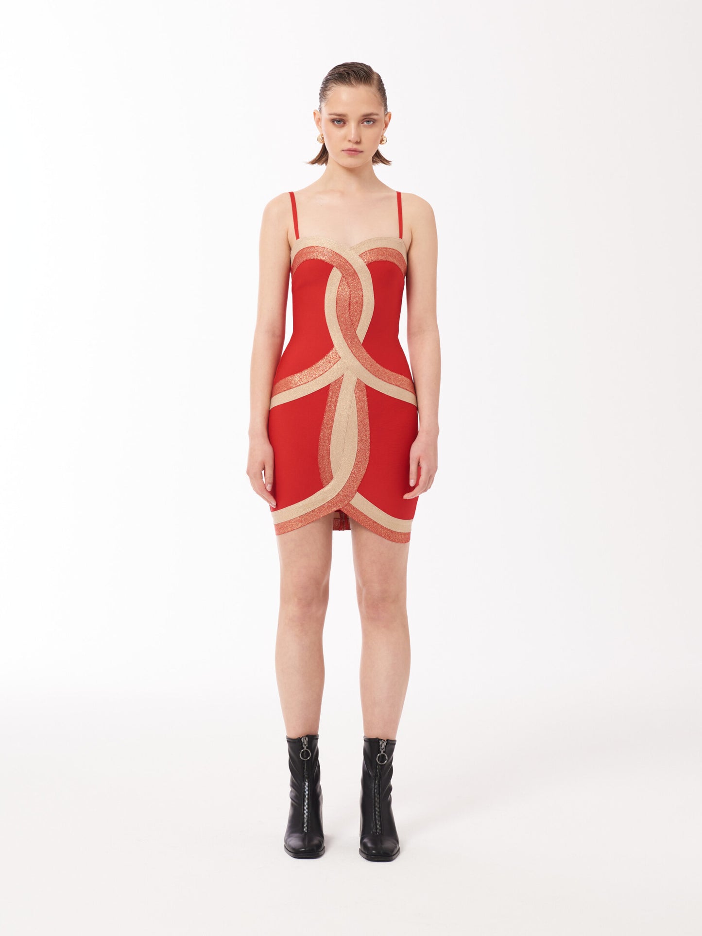 Contrast Panel Bandage Mini Dress in Red and Gold