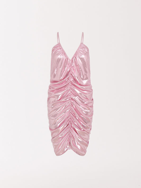 Metallic Ruched Mini Dress in Pink