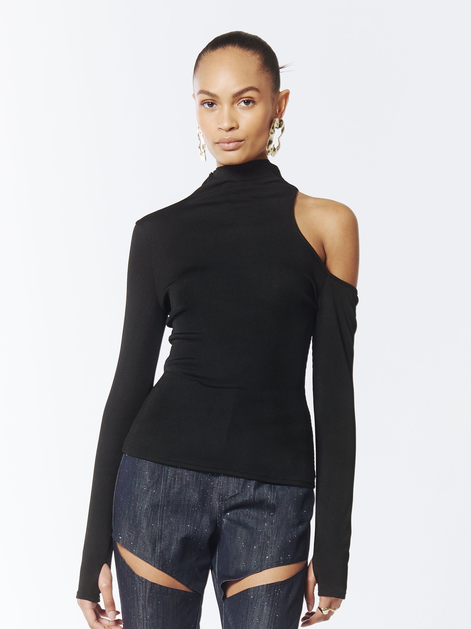 SOUR FIGS Asymmetric One-Shoulder Cutout Turtleneck Jumper in Black