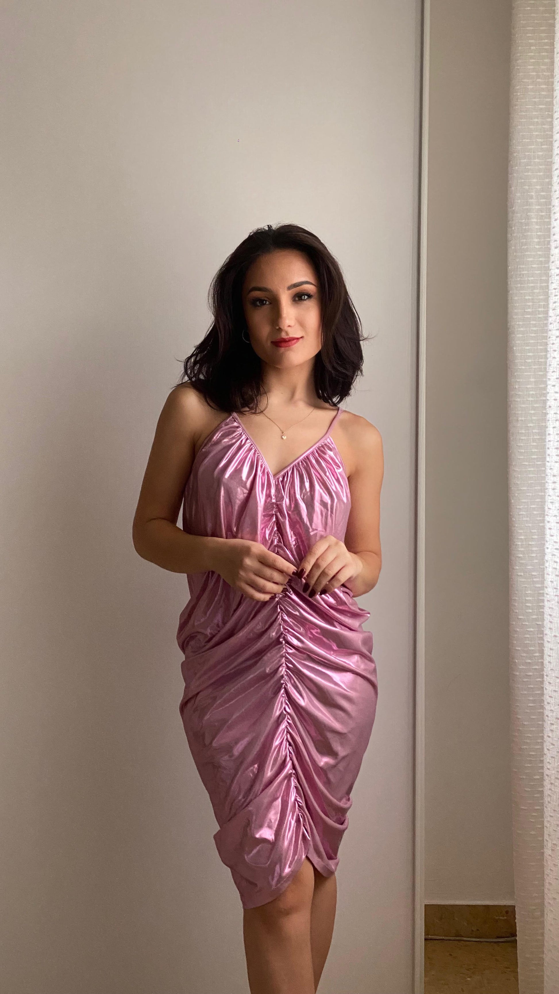 SOUR FIGS Pink Metallic Ruched Mini Dress