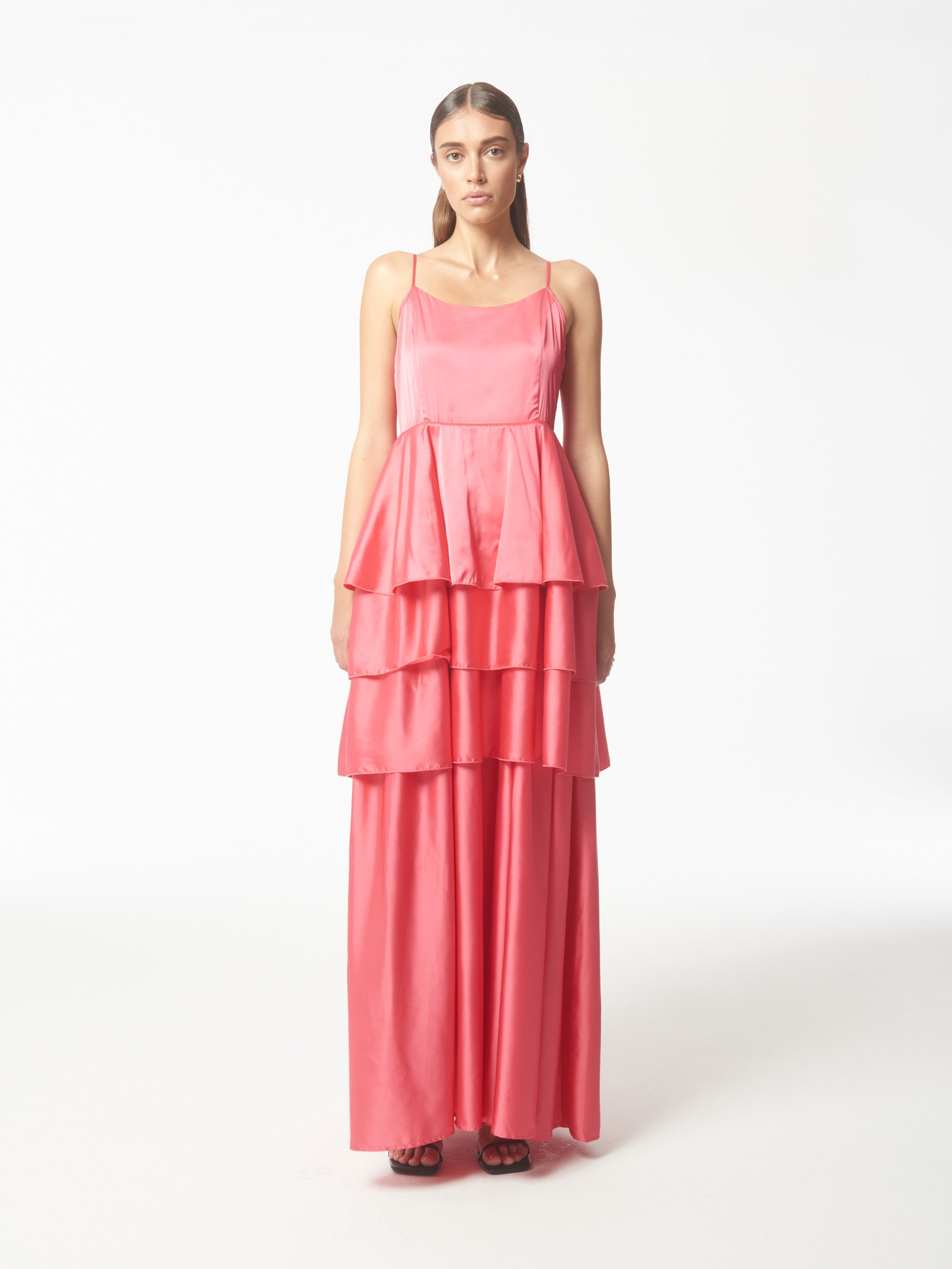 Tiered Ruffled Satin Maxi Dress in Coral Pink SOUR FIGS Tiered Ruffled Satin Maxi Dress in Coral Pink SOUR FIGS
