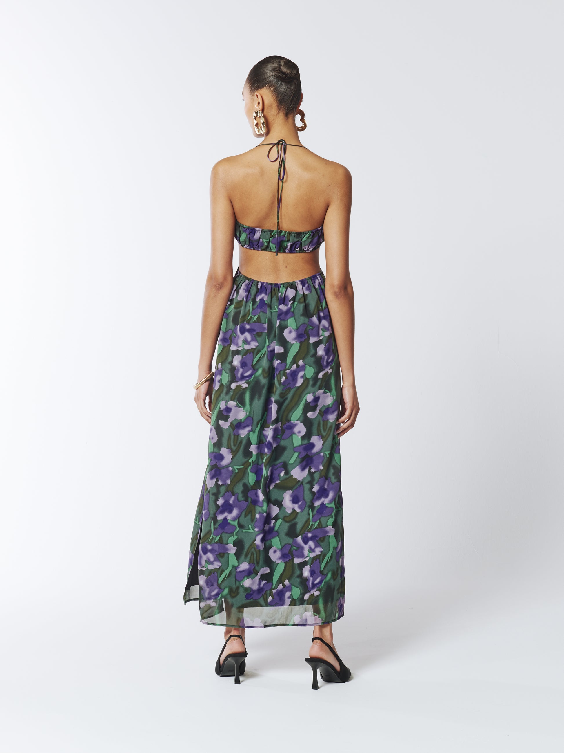 SOUR FIGS Violette Tie Halter Floral Dress in Purple Comet and Dark Green